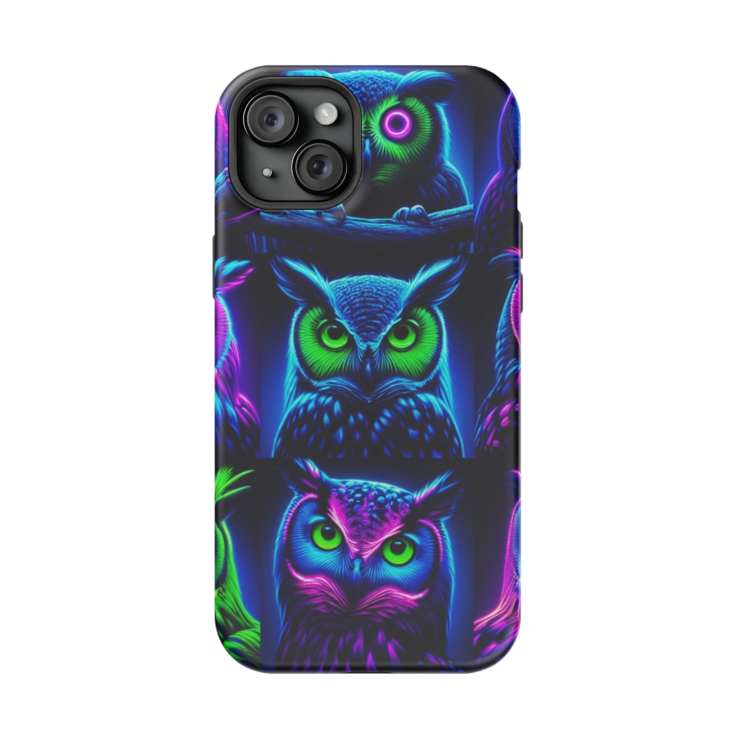 "Neon Nocturne" Neon Owls Premium Art Magsafe Magnet Tough IPhone 13 14 15 Pro Plus Max and Mini in Matte and Glossy Phone cases