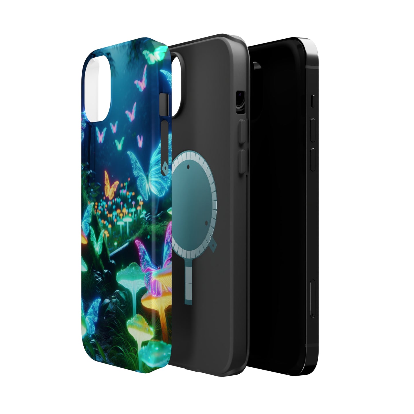 "Neon Meadow" Neon Butterflies and Mushrooms Premium Art Magsafe Magnet Tough IPhone 13 14 15 Pro Plus Max and Mini in Matte and Glossy Phone cases