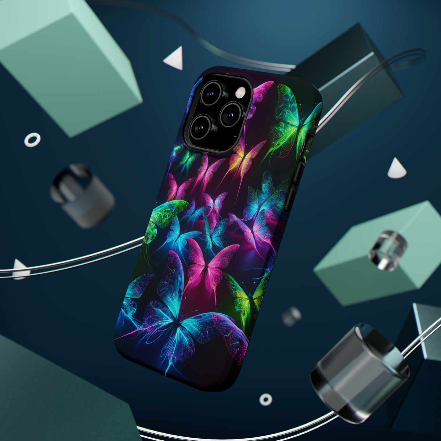 'Euphoria in Neon Flight' Neon Butterflies Premium Art Magsafe Magnet Tough IPhone 13 14 15 Pro Plus Max and Mini in Matte and Glossy Phone cases