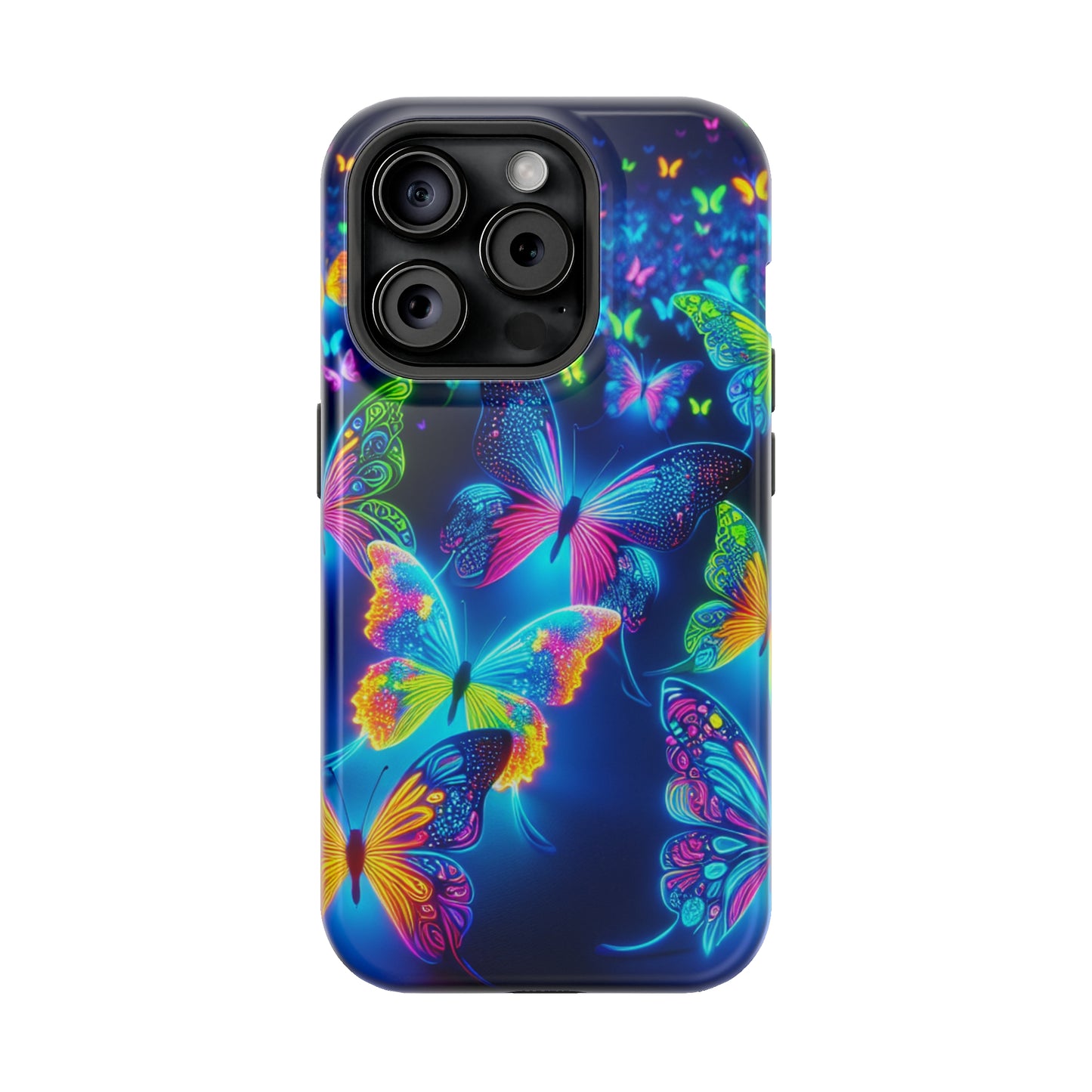 "Atmospheric Fluorescence" Neon Butterflies Premium Art Magsafe Magnet Tough IPhone 13 14 15 Pro Plus Max and Mini in Matte and Glossy Phone cases