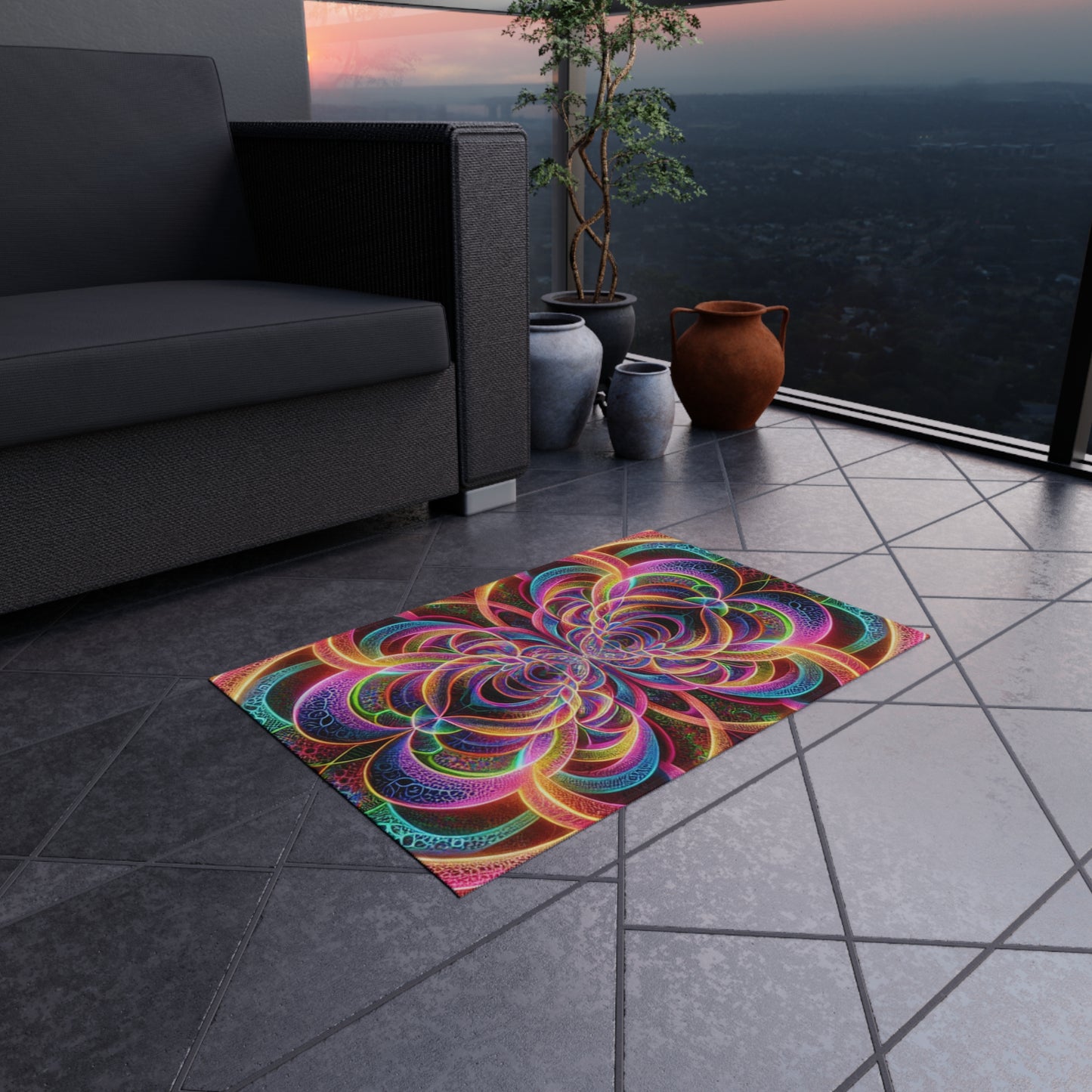 Neon Infinity Splatter-scape. Infinity Patterns Outdoor Rug