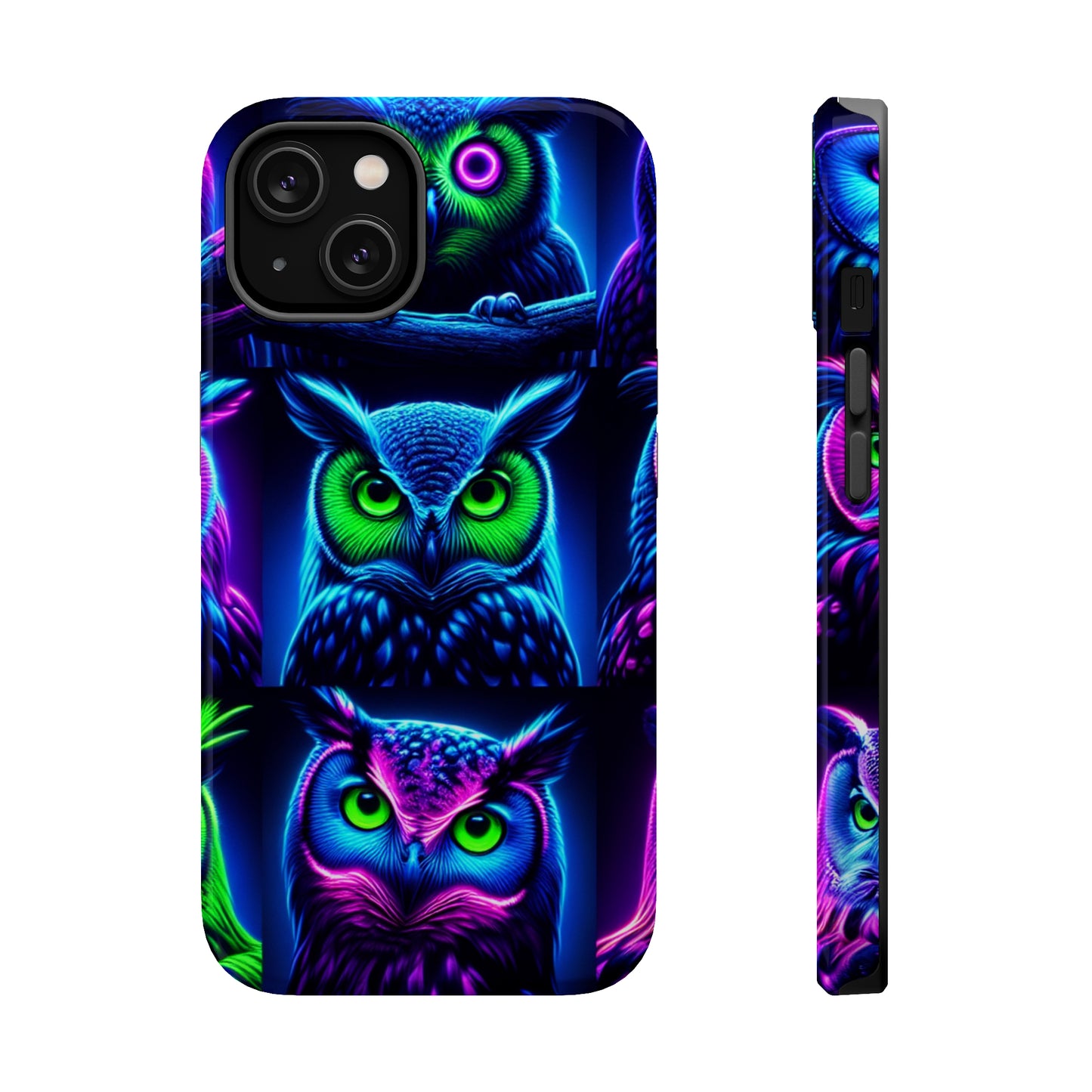"Neon Nocturne" Neon Owls Premium Art Magsafe Magnet Tough IPhone 13 14 15 Pro Plus Max and Mini in Matte and Glossy Phone cases