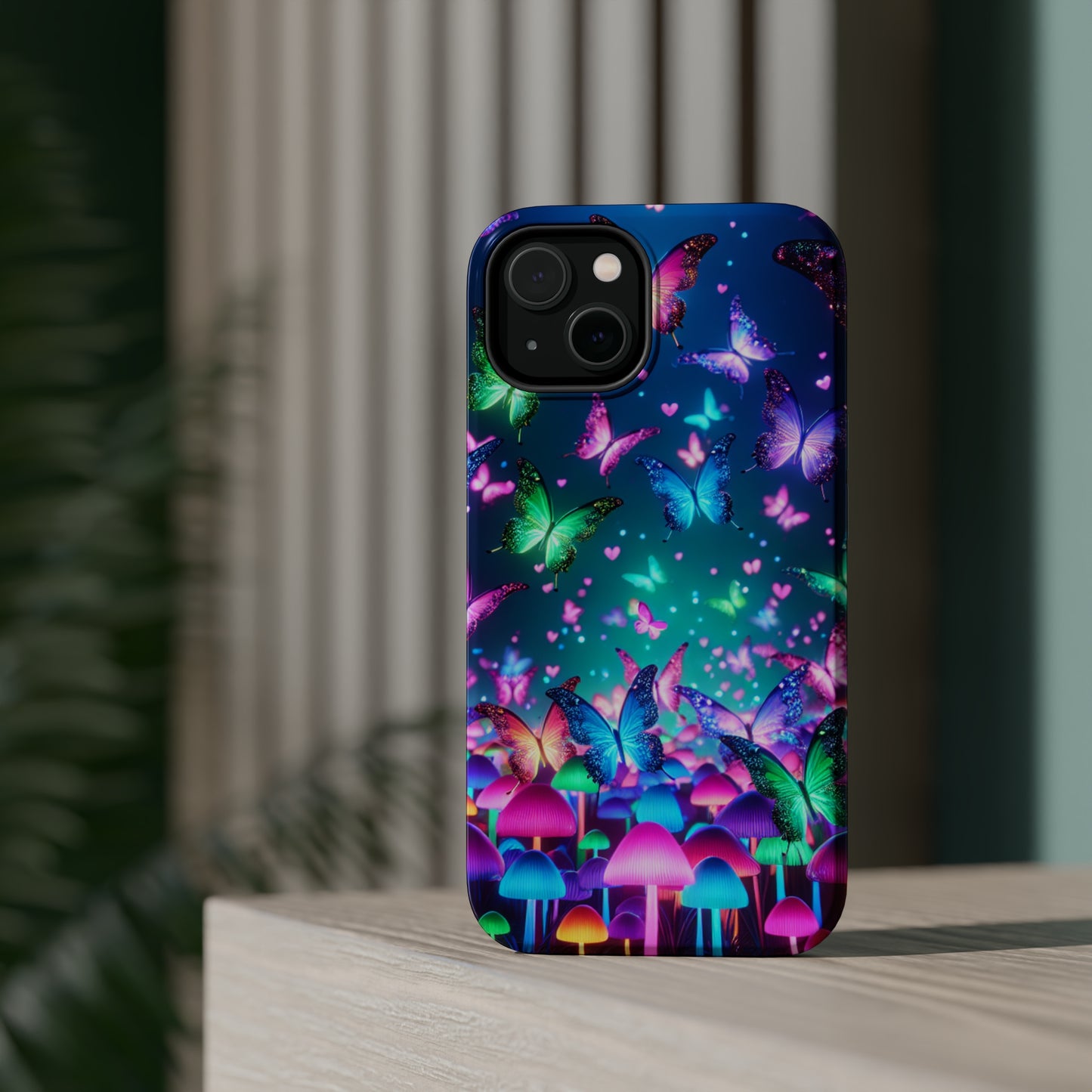 Neon Eden. Neon Butterflies and Mushrooms Premium Art Magsafe Magnet Tough IPhone 13 14 15 Pro Plus Max and Mini in Matte and Glossy Phone cases