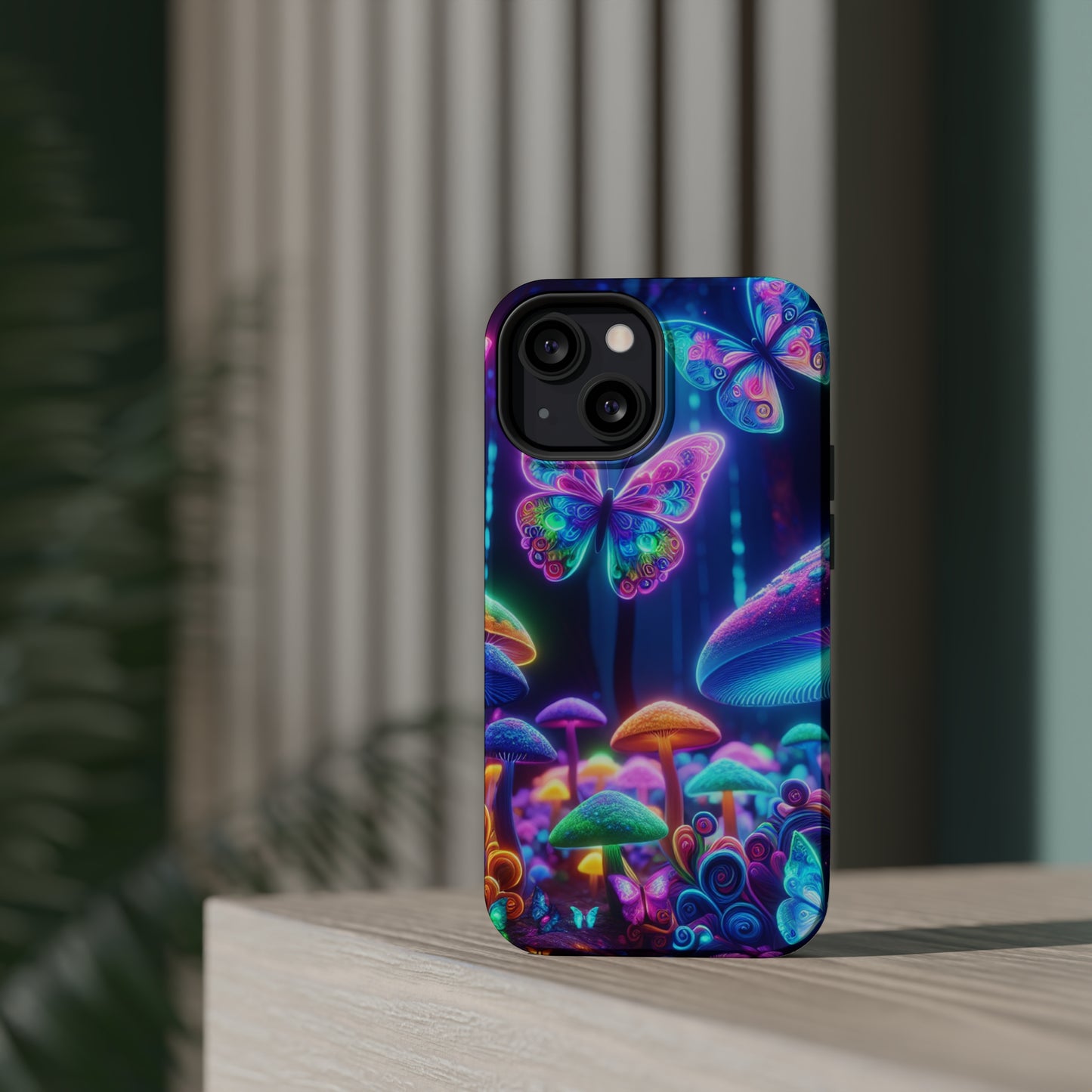Neon Ecstasy. Neon Butterflies and Mushrooms Premium Art Magsafe Magnet Tough IPhone 13 14 15 Pro Plus Max and Mini in Matte and Glossy Phone cases
