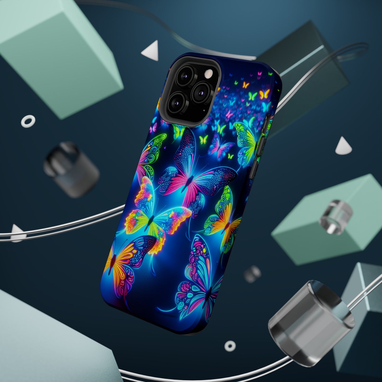 "Atmospheric Fluorescence" Neon Butterflies Premium Art Magsafe Magnet Tough IPhone 13 14 15 Pro Plus Max and Mini in Matte and Glossy Phone cases