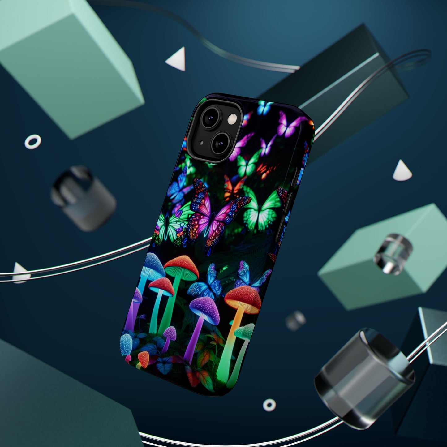 "Neon Burst Wonderland". Neon Butterflies and Mushrooms Premium Art Magsafe Magnet Tough IPhone 13 14 15 Pro Plus Max and Mini in Matte and Glossy Phone cases