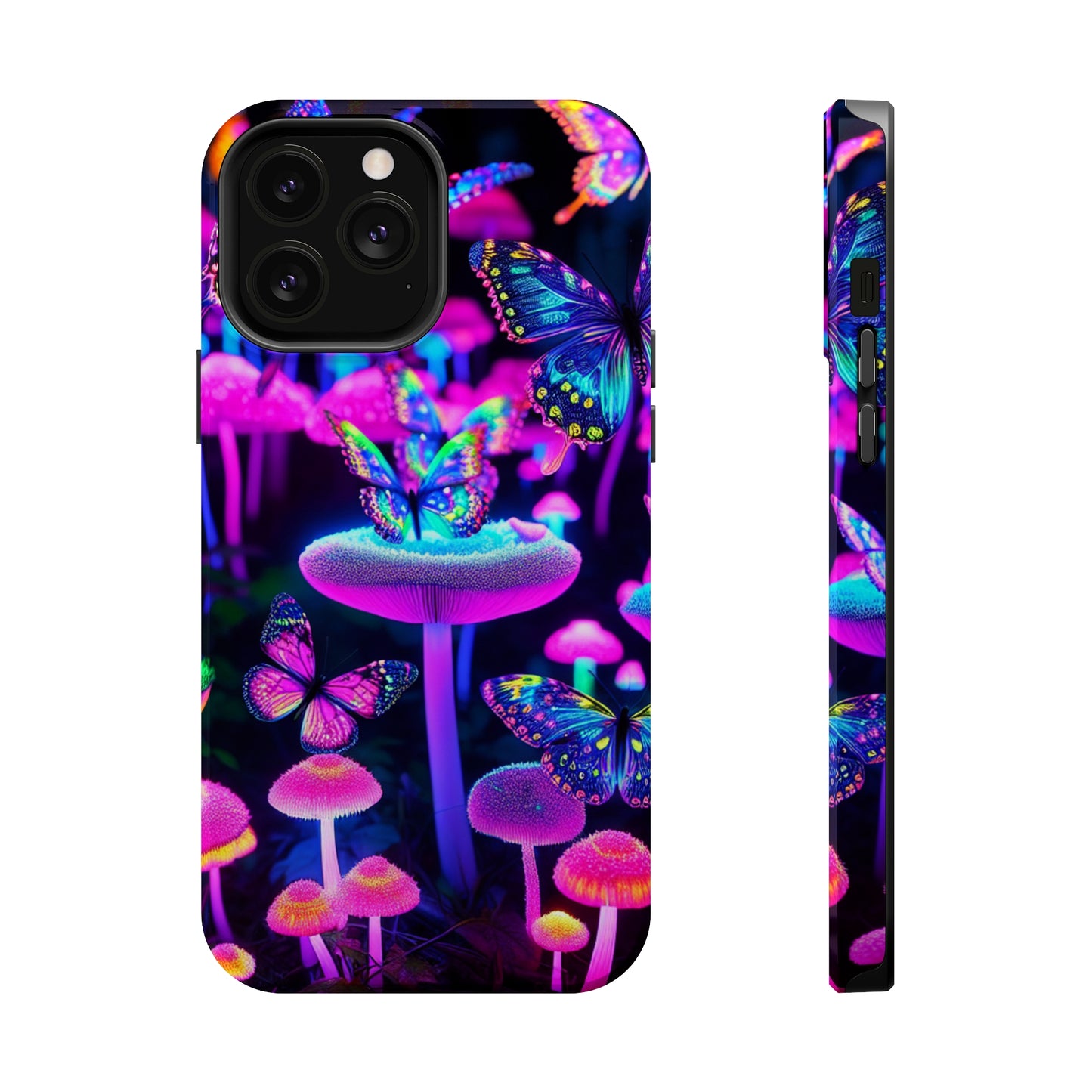 "Neon Gloomsprite Dance" Neon Butterflies and Mushrooms Premium Art Magsafe Magnet Tough IPhone 13 14 15 Pro Plus Max and Mini in Matte and Glossy Phone cases