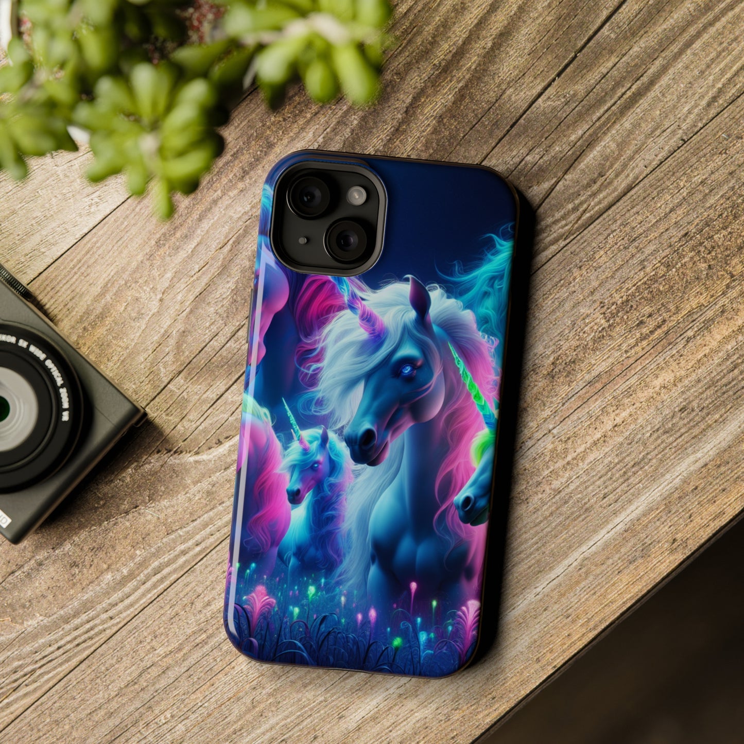 "Unicorn Flux-scape" Neon Unicorns Premium Art Magsafe Magnet Tough IPhone 13 14 15 Pro Plus Max and Mini in Matte and Glossy Phone cases