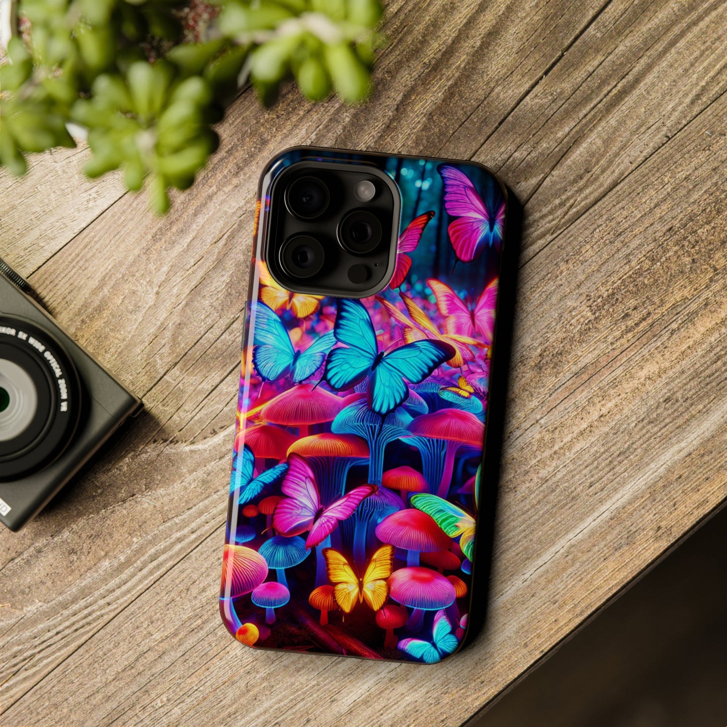 "Neon Tie-Dye Garden" Neon Butterflies and Mushrooms Premium Art Magsafe Magnet Tough IPhone 13 14 15 Pro Plus Max and Mini in Matte and Glossy Phone cases