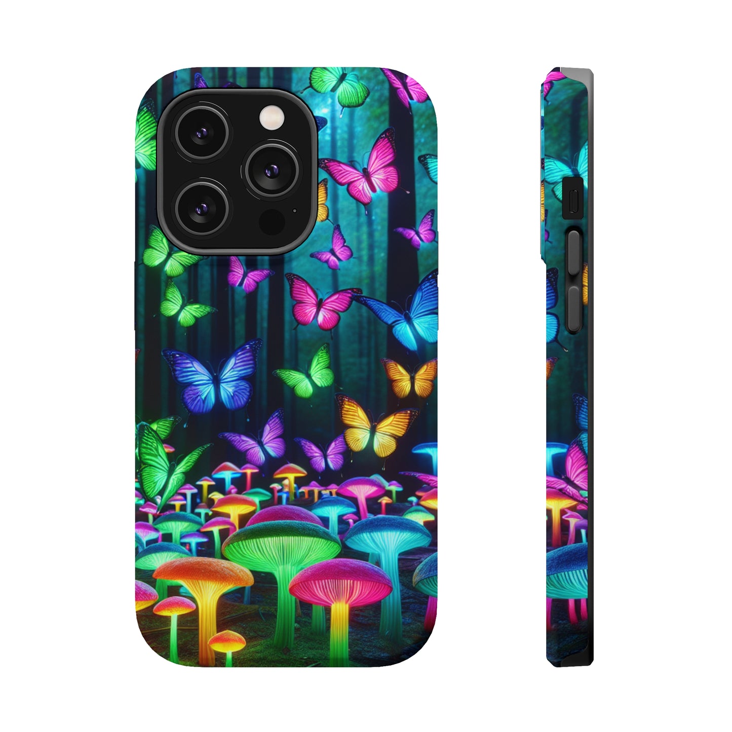"Vivid Neon Splendor" Neon Butterflies and Mushrooms Premium Art Magsafe Magnet Tough IPhone 13 14 15 Pro Plus Max and Mini in Matte and Glossy Phone cases