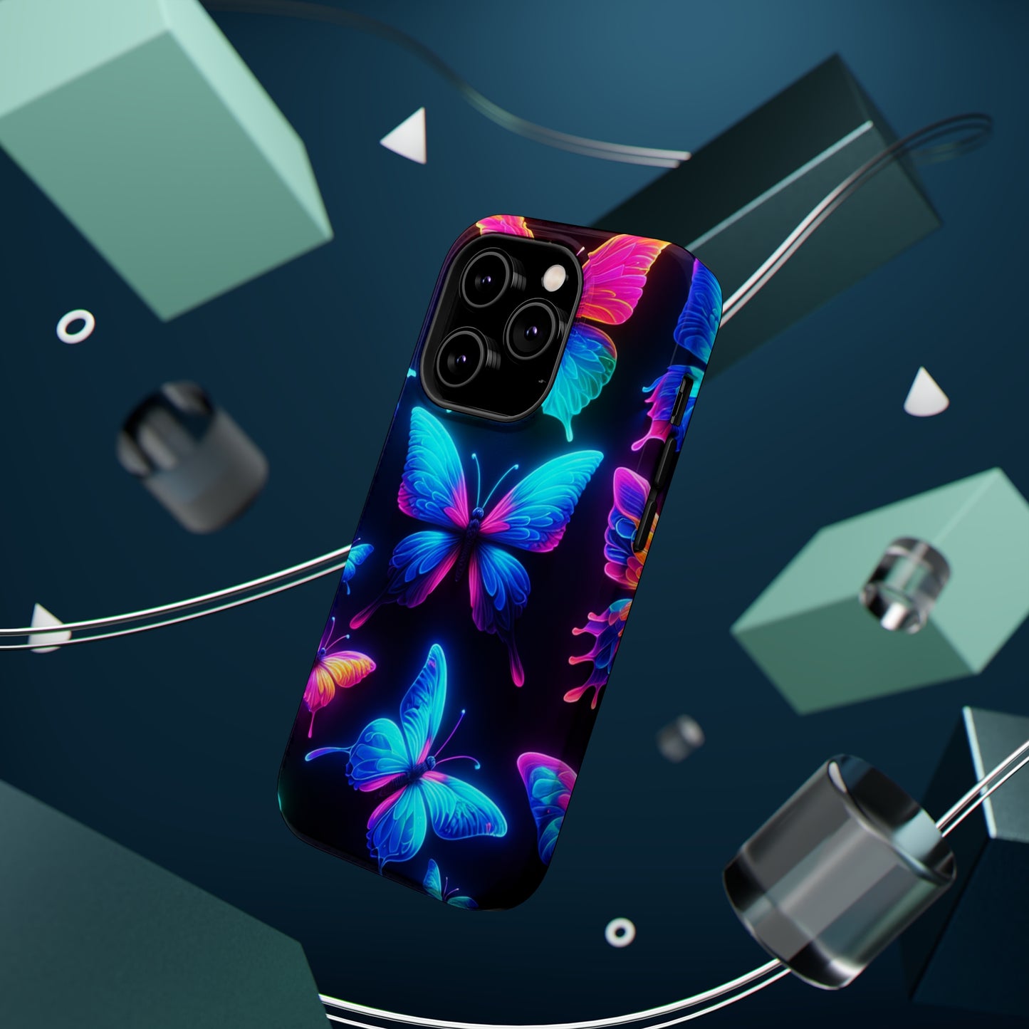 "Neon Flight Frenzy" Neon Butterflies Premium Art Magsafe Magnet Tough IPhone 13 14 15 Pro Plus Max and Mini in Matte and Glossy Phone cases