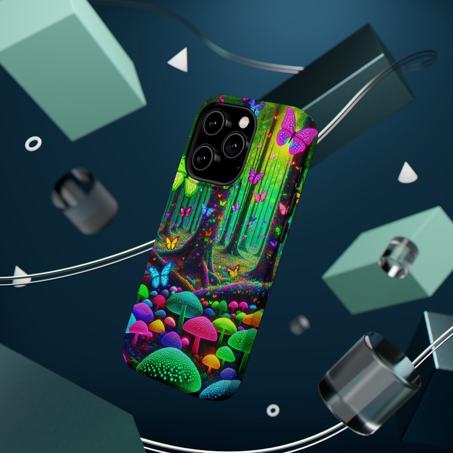 "Neon Garden Symphony". Neon Butterflies and Mushrooms Premium Art Magsafe Magnet Tough IPhone 13 14 15 Pro Plus Max and Mini in Matte and Glossy Phone cases