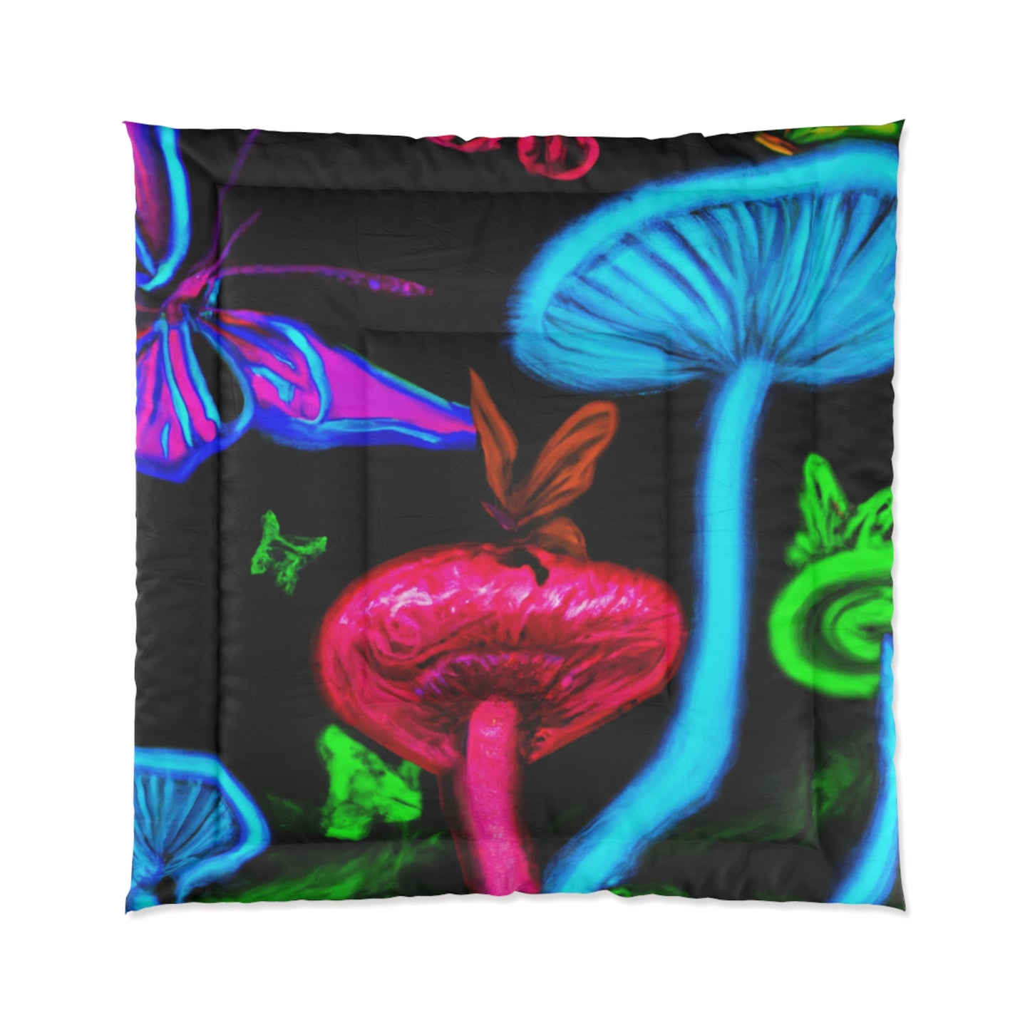"Vibrant Nectar Dreamscape" Butterflies & Mushrooms Comforter Blanket