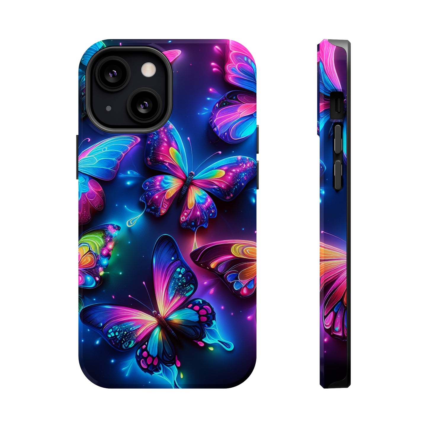 "Neon Butterfly Muster" Neon Butterflies Premium Art Magsafe Magnet Tough IPhone 13 14 15 Pro Plus Max and Mini in Matte and Glossy Phone cases