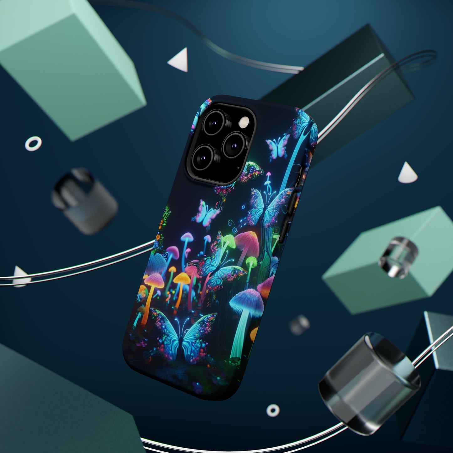 "Neon Dreamscape" Neon Butterflies and Mushrooms Premium Art Magsafe Magnet Tough IPhone 13 14 15 Pro Plus Max and Mini in Matte and Glossy Phone cases
