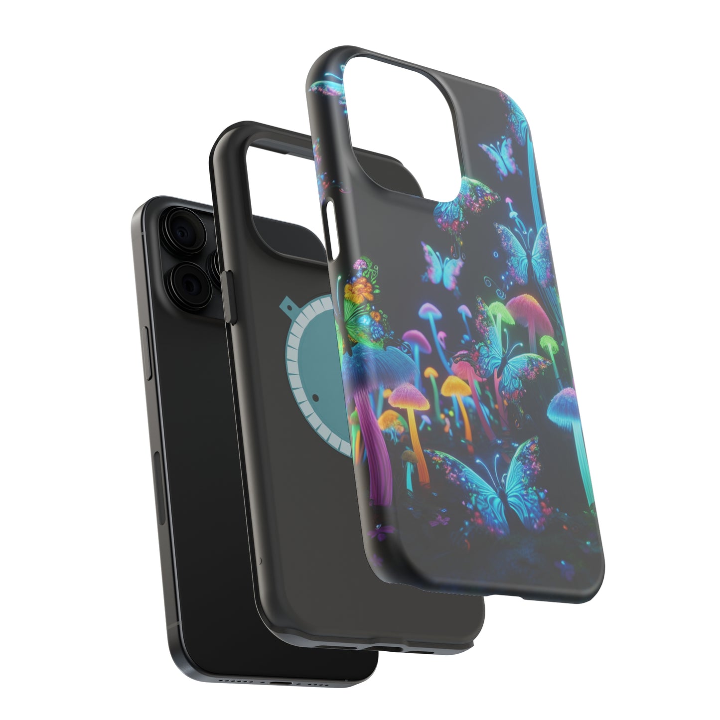 "Neon Dreamscape" Neon Butterflies and Mushrooms Premium Art Magsafe Magnet Tough IPhone 13 14 15 Pro Plus Max and Mini in Matte and Glossy Phone cases
