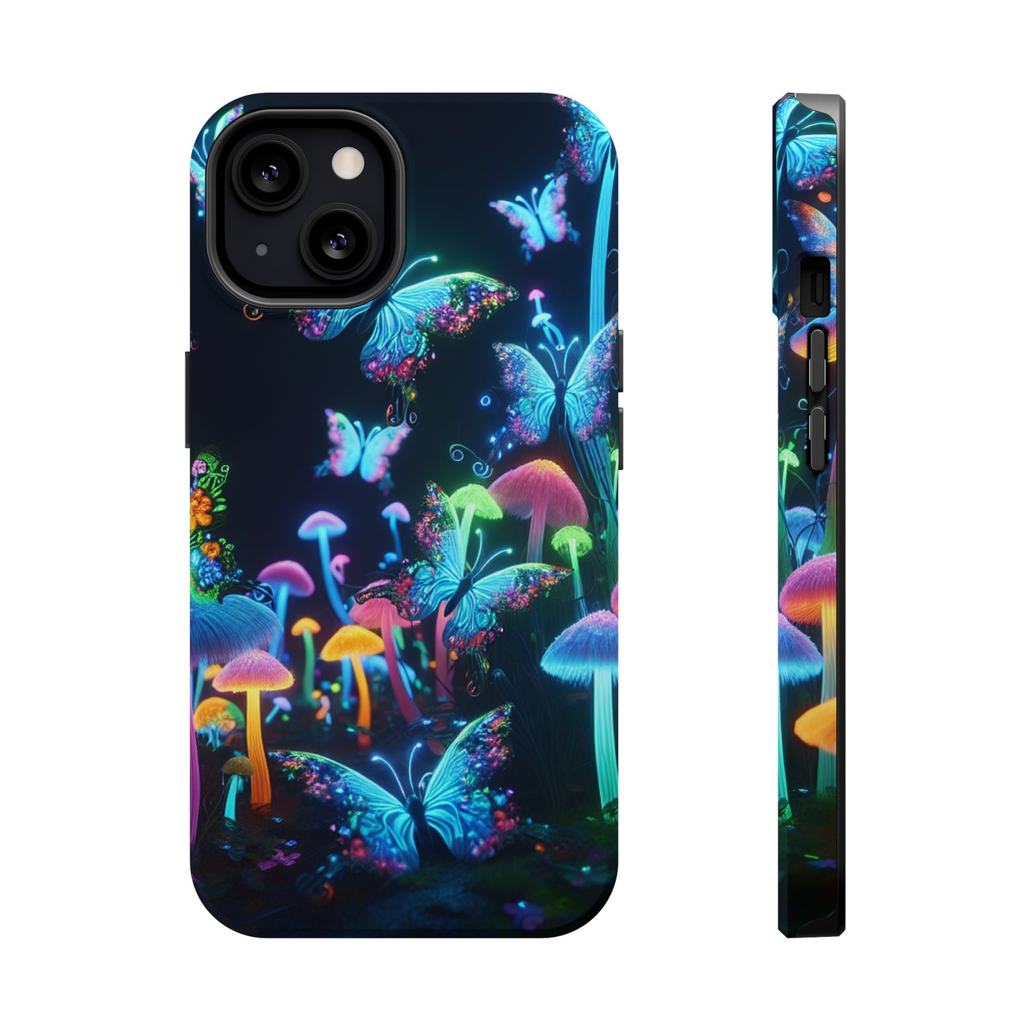 "Neon Dreamscape" Neon Butterflies and Mushrooms Premium Art Magsafe Magnet Tough IPhone 13 14 15 Pro Plus Max and Mini in Matte and Glossy Phone cases