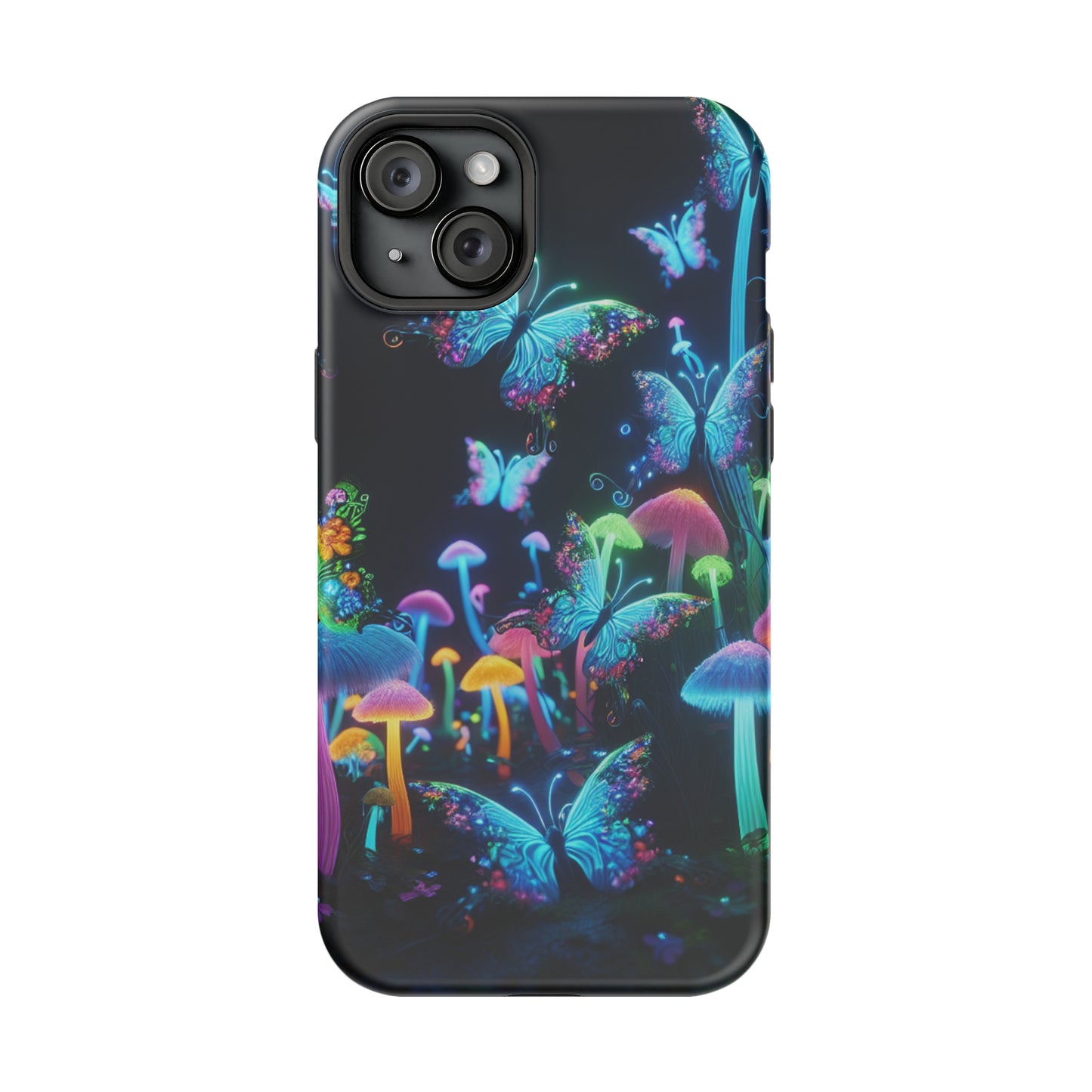 "Neon Dreamscape" Neon Butterflies and Mushrooms Premium Art Magsafe Magnet Tough IPhone 13 14 15 Pro Plus Max and Mini in Matte and Glossy Phone cases