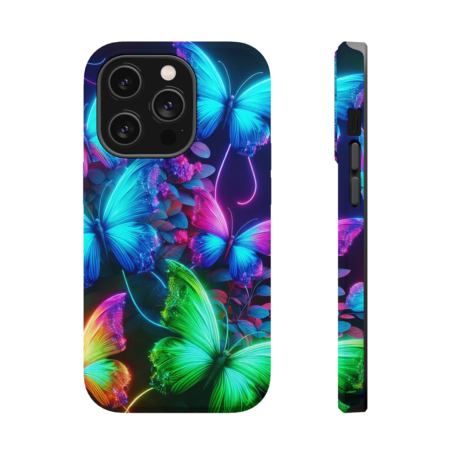 Neon Flutter Symphony Neon Butterflies Premium Art Magsafe Magnet Tough IPhone 13 14 15 Pro Plus Max and Mini in Matte and Glossy Phone cases