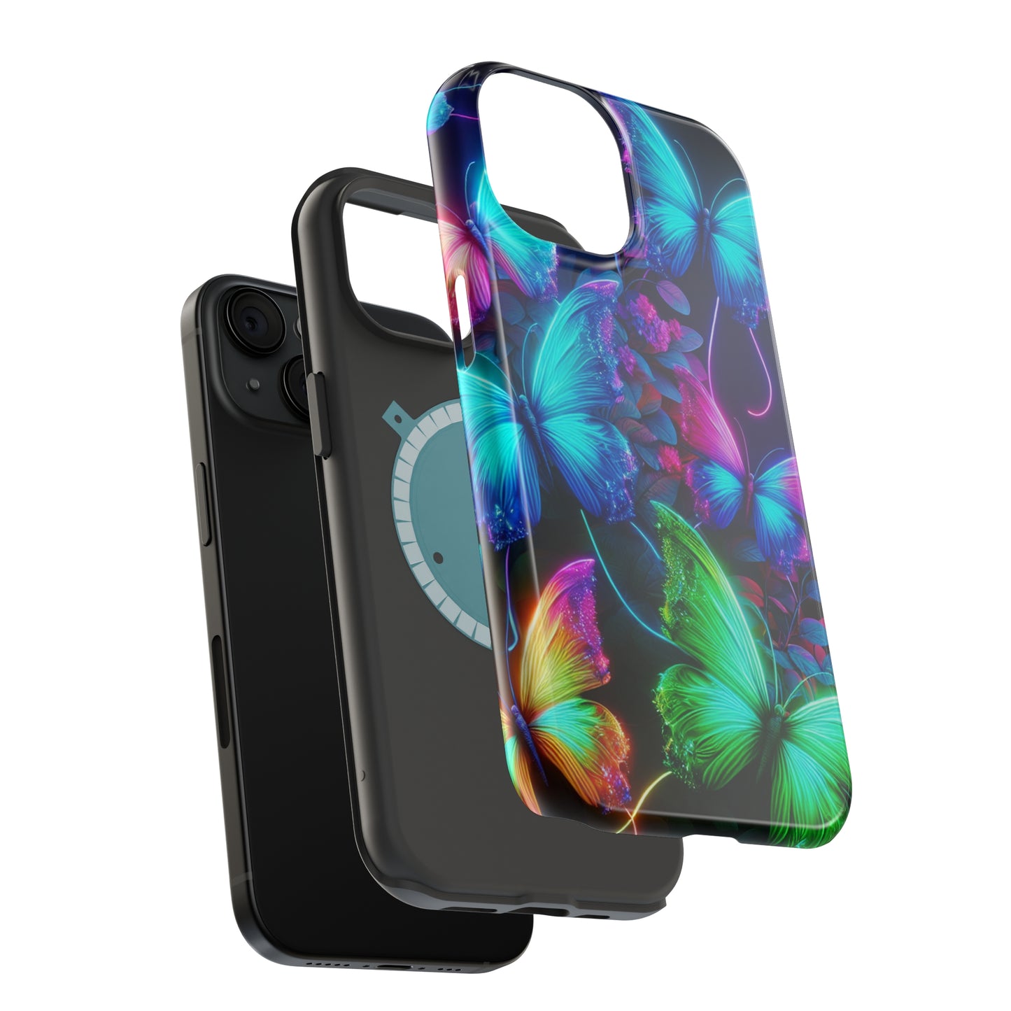 Neon Flutter Symphony Neon Butterflies Premium Art Magsafe Magnet Tough IPhone 13 14 15 Pro Plus Max and Mini in Matte and Glossy Phone cases