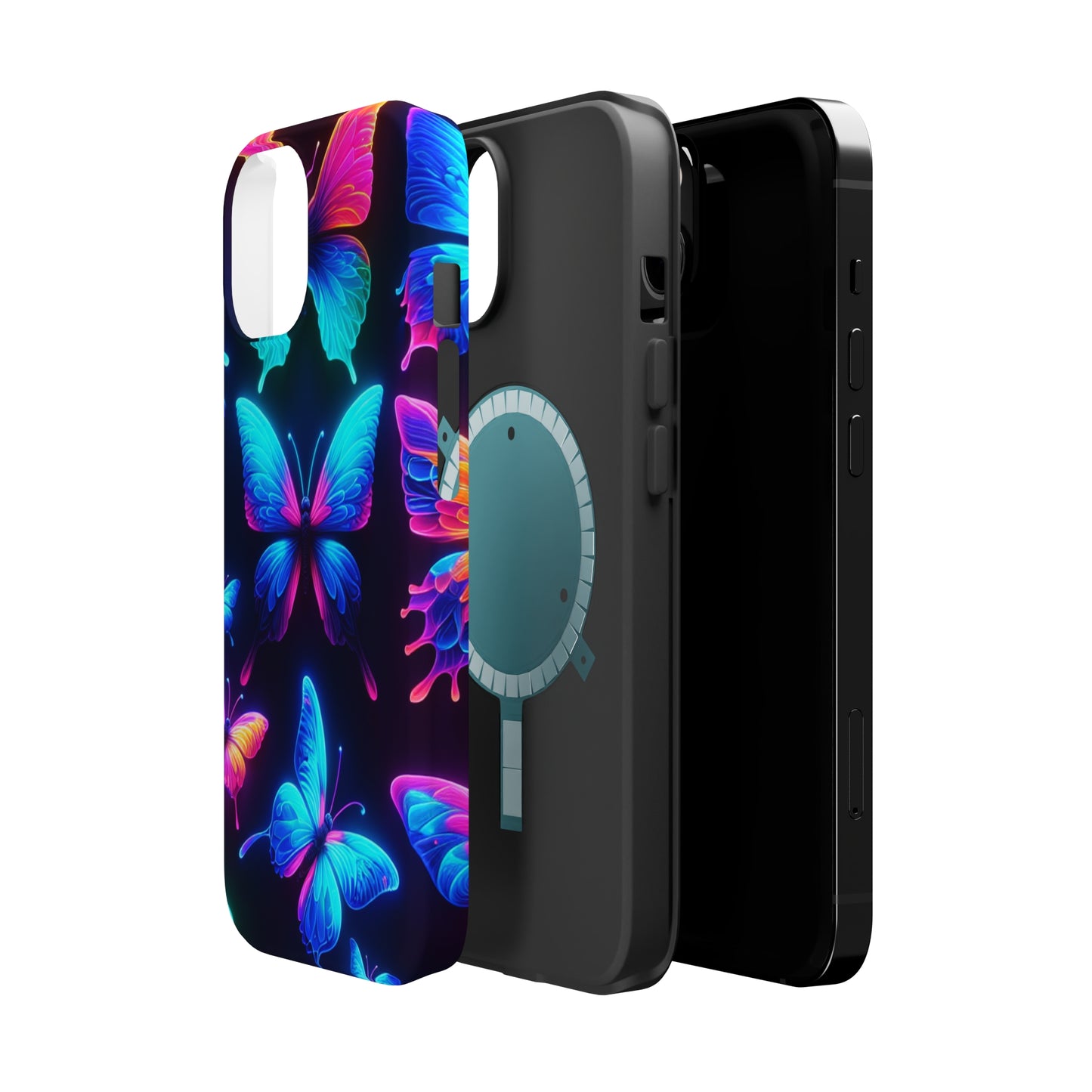 "Neon Flight Frenzy" Neon Butterflies Premium Art Magsafe Magnet Tough IPhone 13 14 15 Pro Plus Max and Mini in Matte and Glossy Phone cases