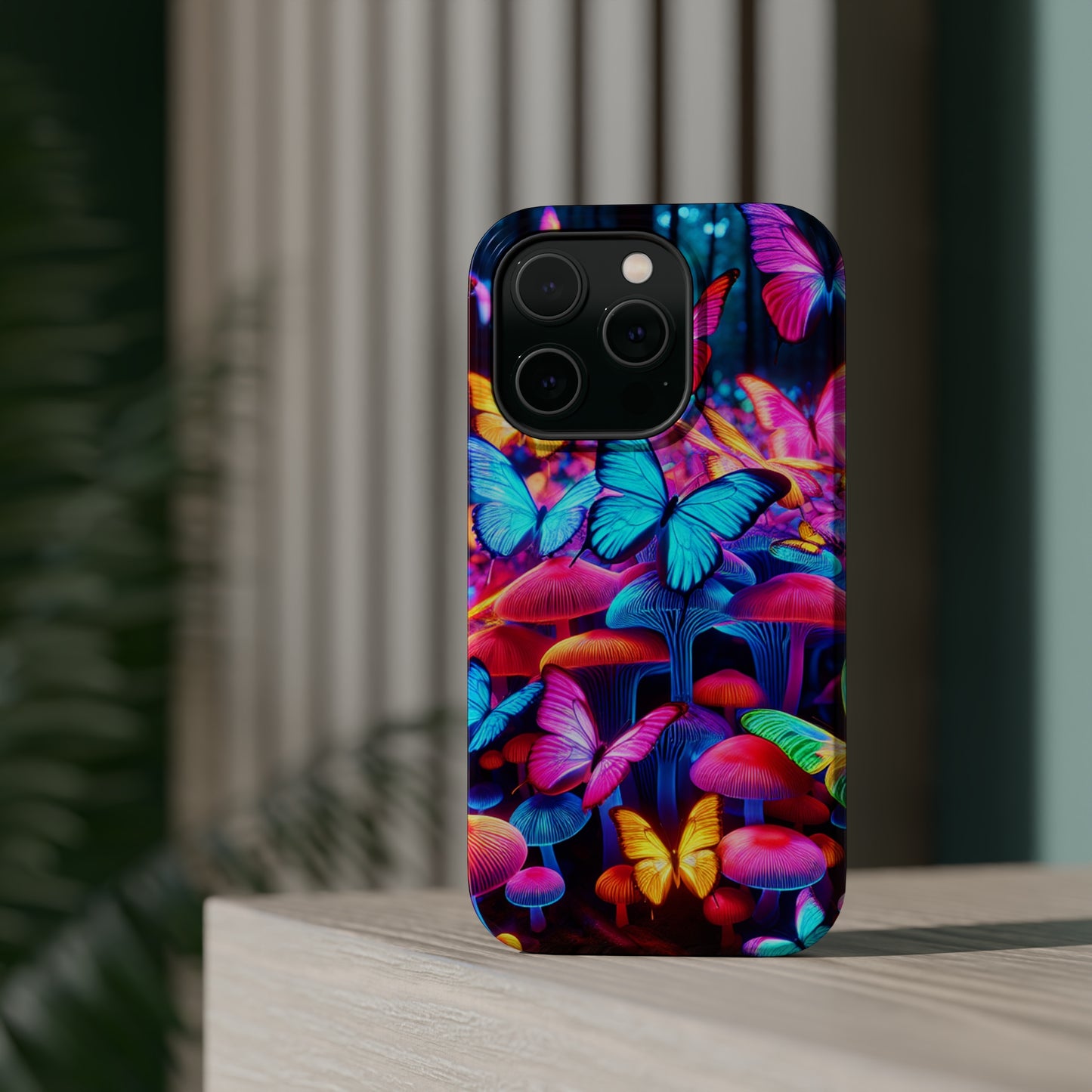 "Neon Tie-Dye Garden" Neon Butterflies and Mushrooms Premium Art Magsafe Magnet Tough IPhone 13 14 15 Pro Plus Max and Mini in Matte and Glossy Phone cases