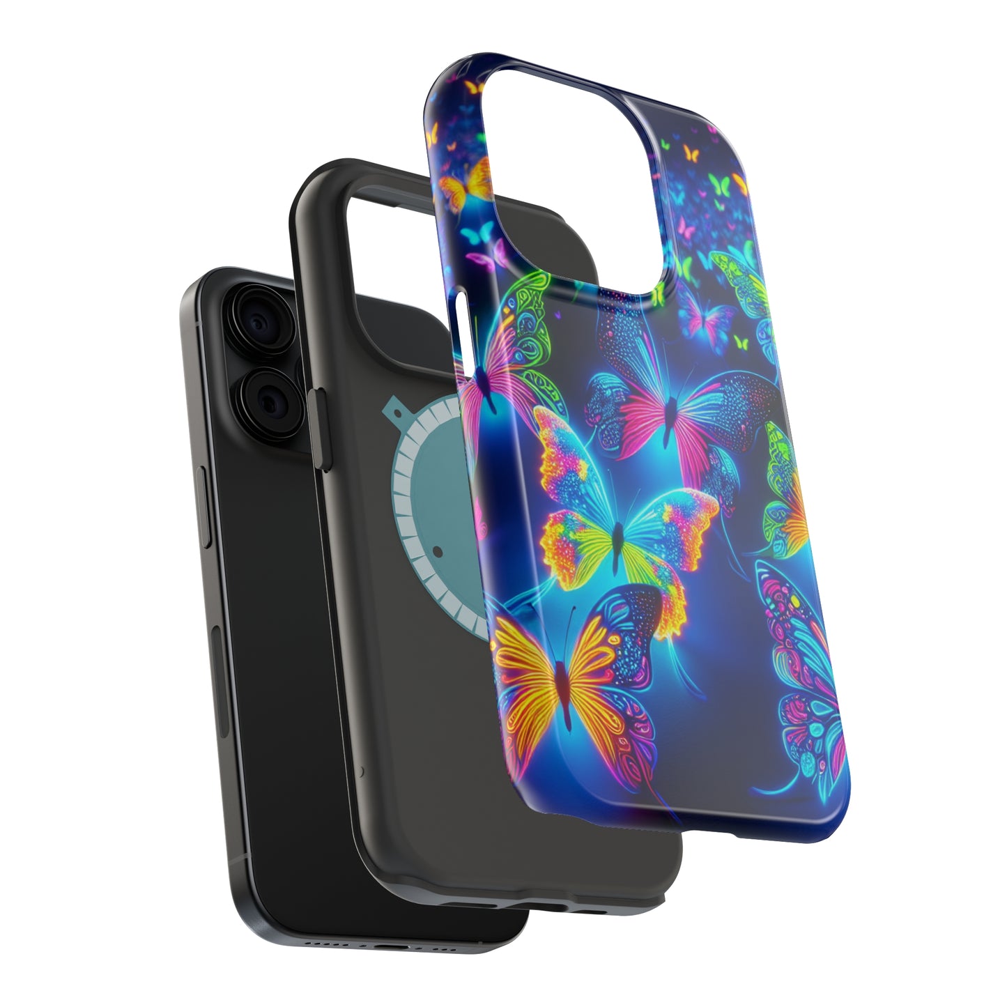 "Atmospheric Fluorescence" Neon Butterflies Premium Art Magsafe Magnet Tough IPhone 13 14 15 Pro Plus Max and Mini in Matte and Glossy Phone cases