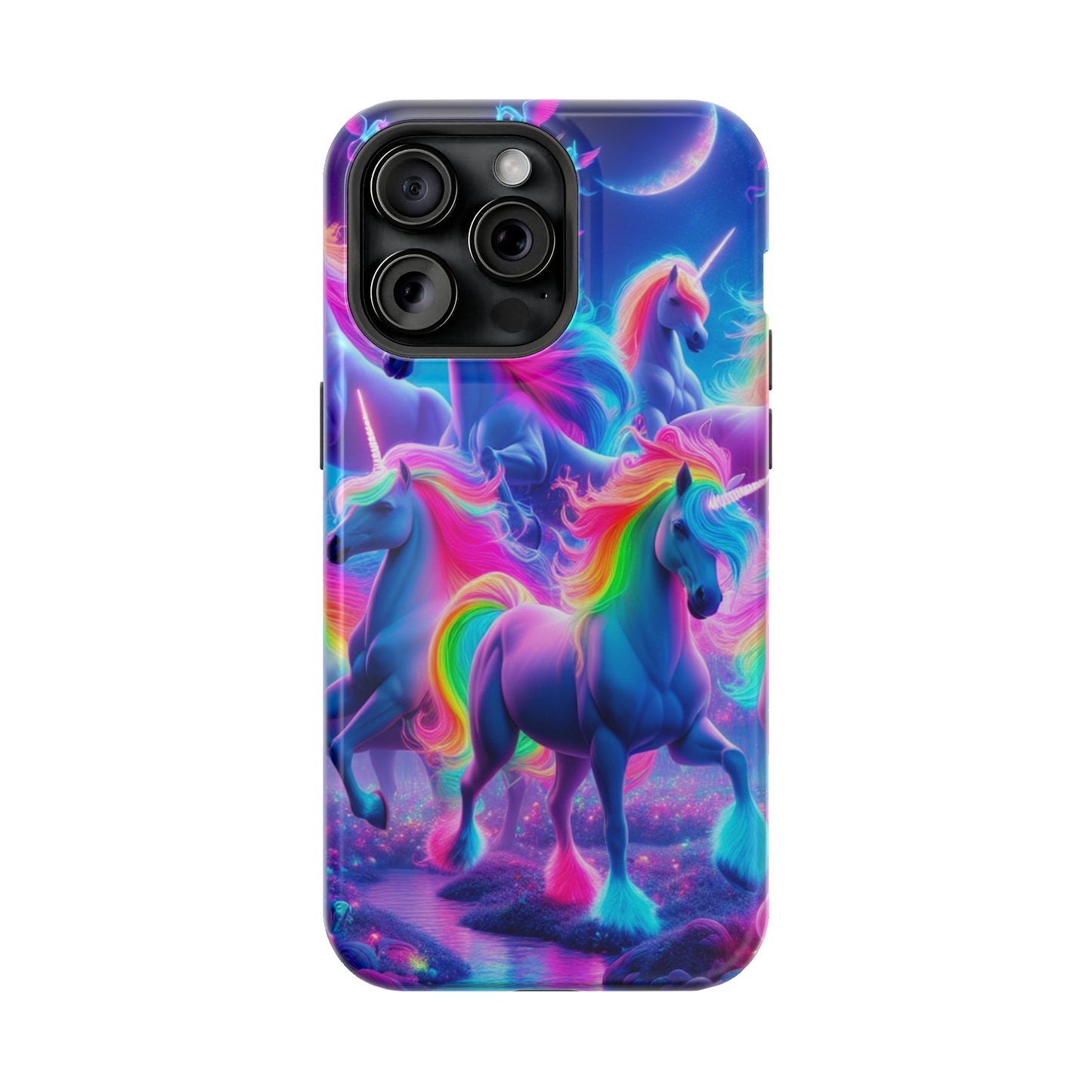 "Unicorn Prism" Neon Unicorns Premium Art Magsafe Magnet Tough IPhone 13 14 15 Pro Plus Max and Mini in Matte and Glossy Phone cases