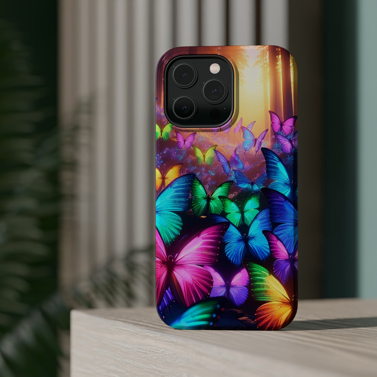 "Radiant Glowing Flight" Neon Butterflies Premium Art Magsafe Magnet Tough IPhone 13 14 15 Pro Plus Max and Mini in Matte and Glossy Phone cases