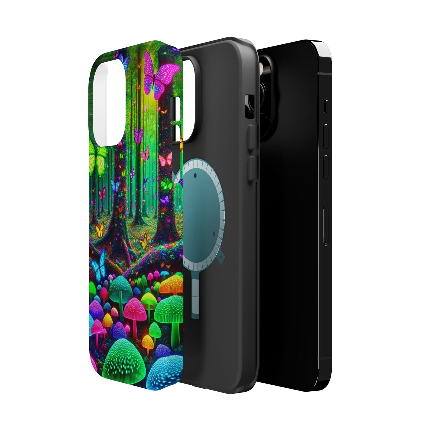 "Neon Garden Symphony". Neon Butterflies and Mushrooms Premium Art Magsafe Magnet Tough IPhone 13 14 15 Pro Plus Max and Mini in Matte and Glossy Phone cases