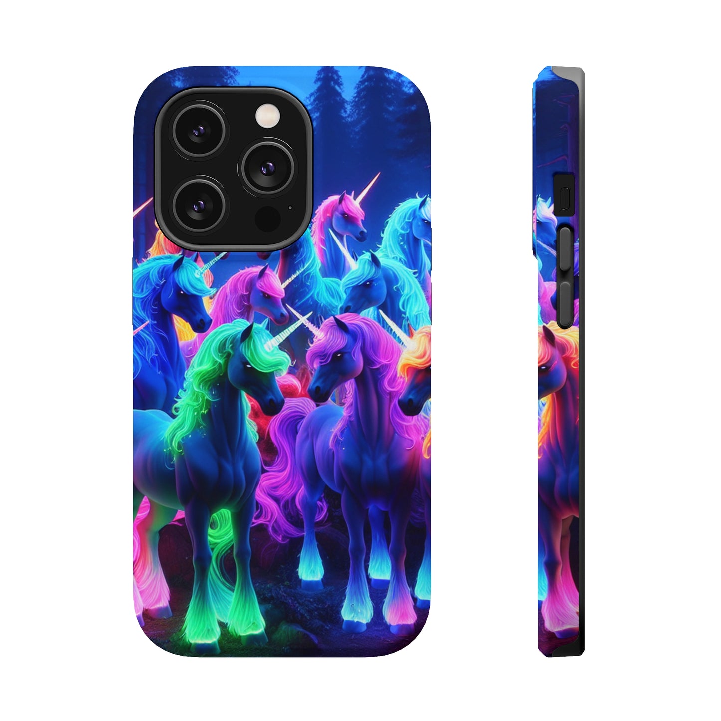 "Neon Fantasyland" Neon Unicorns Premium Art Magsafe Magnet Tough IPhone 13 14 15 Pro Plus Max and Mini in Matte and Glossy Phone cases
