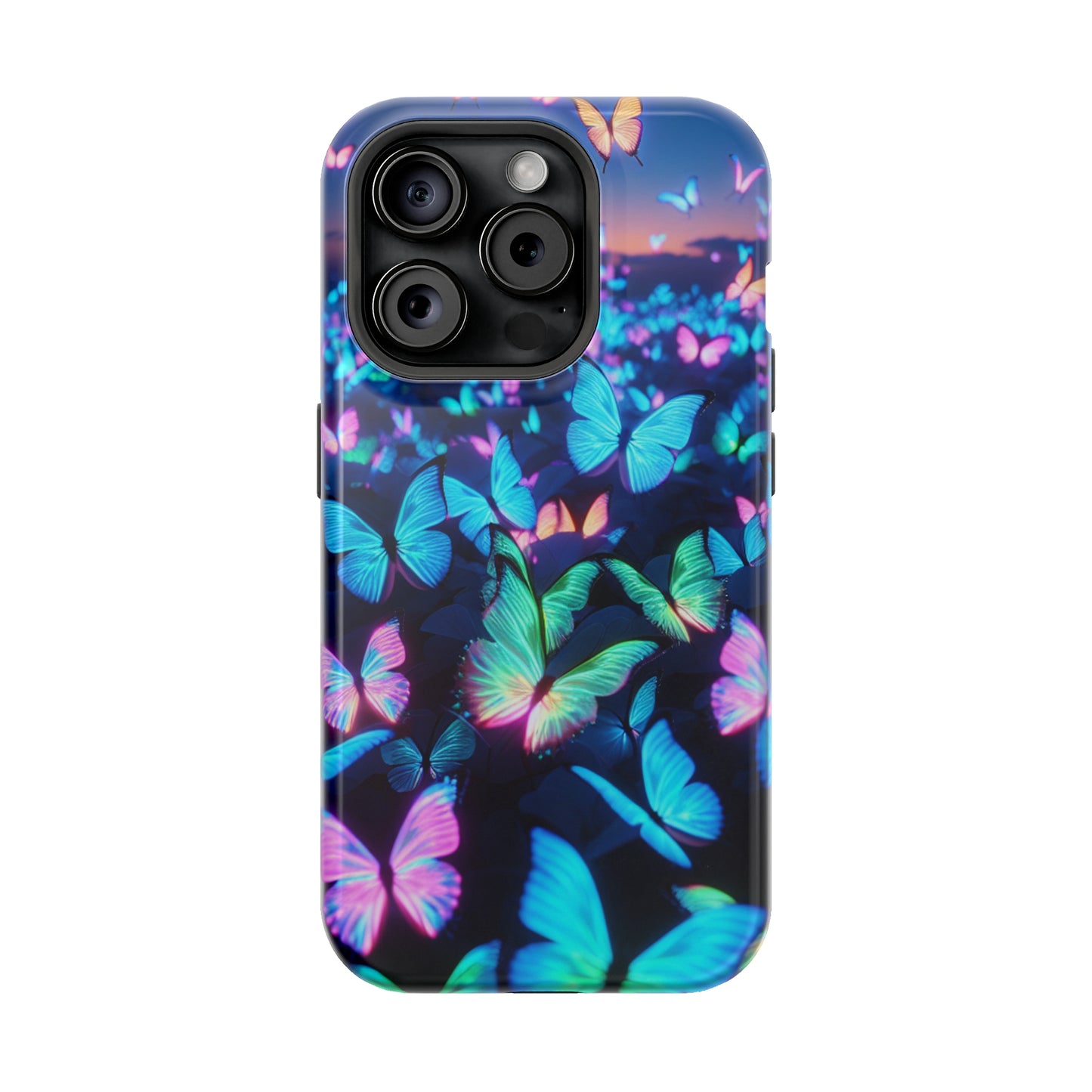 "Fantasia of Neon Butterflies" Neon Butterflies Premium Art Magsafe Magnet Tough IPhone 13 14 15 Pro Plus Max and Mini in Matte and Glossy Phone cases