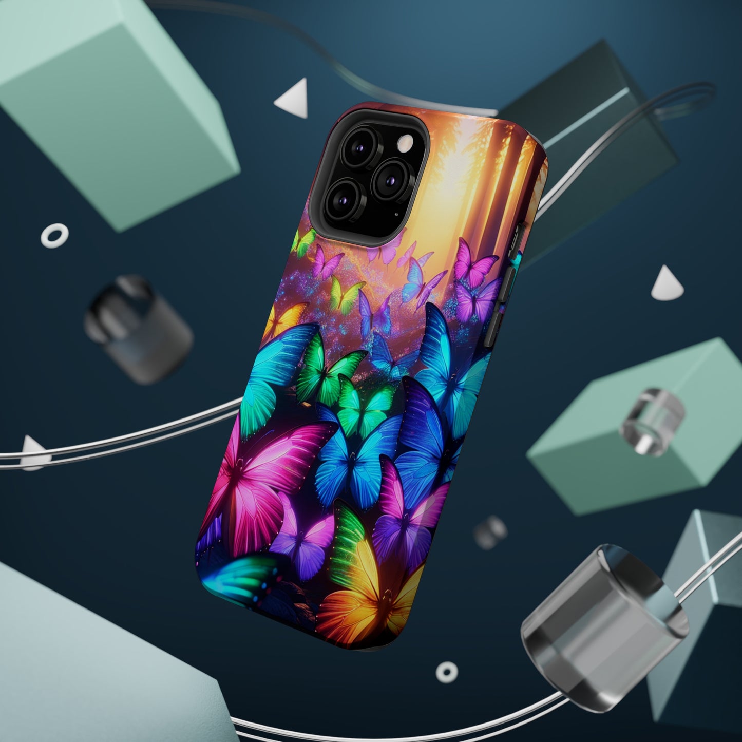 "Radiant Glowing Flight" Neon Butterflies Premium Art Magsafe Magnet Tough IPhone 13 14 15 Pro Plus Max and Mini in Matte and Glossy Phone cases