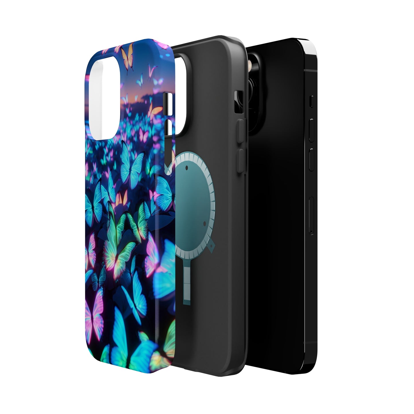 "Fantasia of Neon Butterflies" Neon Butterflies Premium Art Magsafe Magnet Tough IPhone 13 14 15 Pro Plus Max and Mini in Matte and Glossy Phone cases