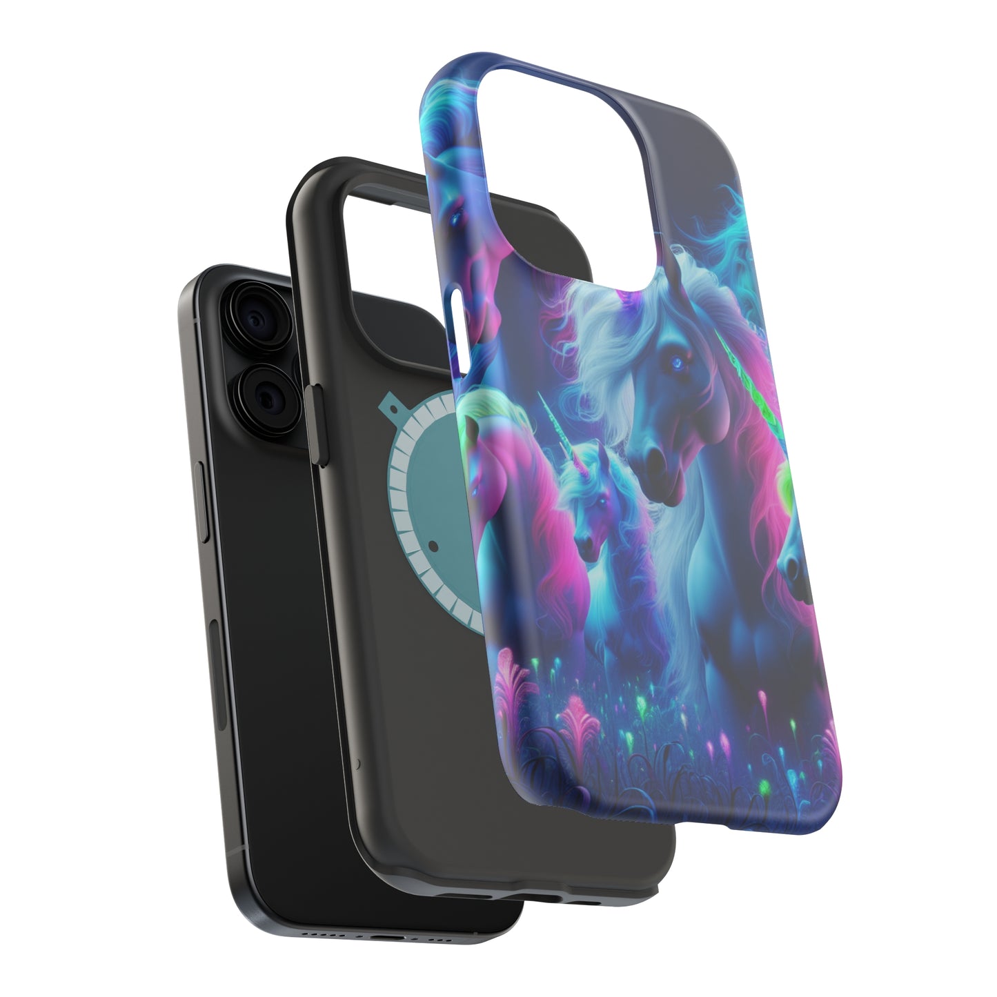 "Unicorn Flux-scape" Neon Unicorns Premium Art Magsafe Magnet Tough IPhone 13 14 15 Pro Plus Max and Mini in Matte and Glossy Phone cases