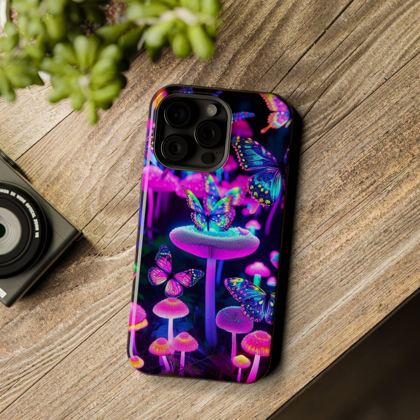 "Neon Gloomsprite Dance" Neon Butterflies and Mushrooms Premium Art Magsafe Magnet Tough IPhone 13 14 15 Pro Plus Max and Mini in Matte and Glossy Phone cases