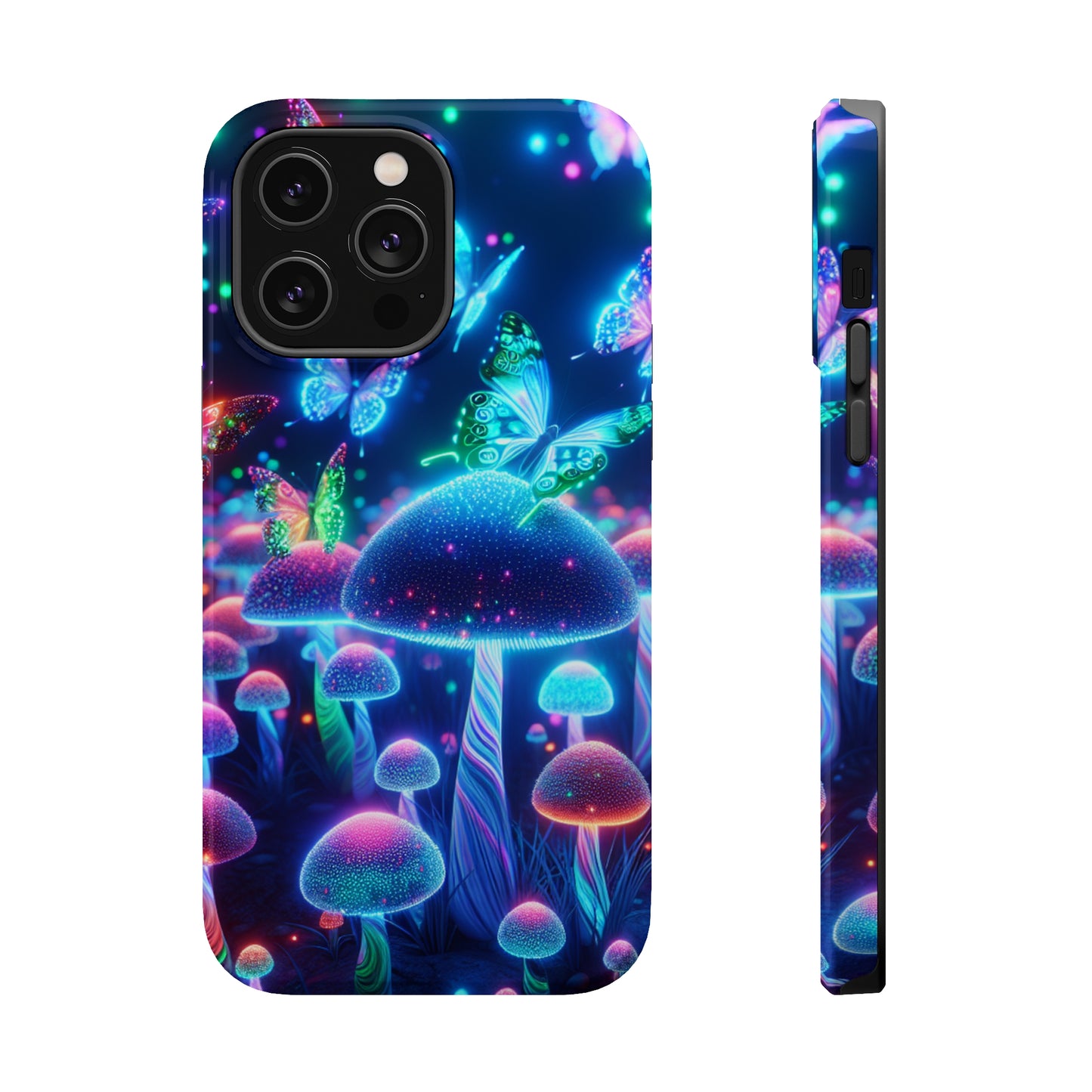 Neon Glitterbug Heaven. Neon Butterflies and Mushrooms Premium Art Magsafe Magnet Tough IPhone 13 14 15 Pro Plus Max and Mini in Matte and Glossy Phone cases