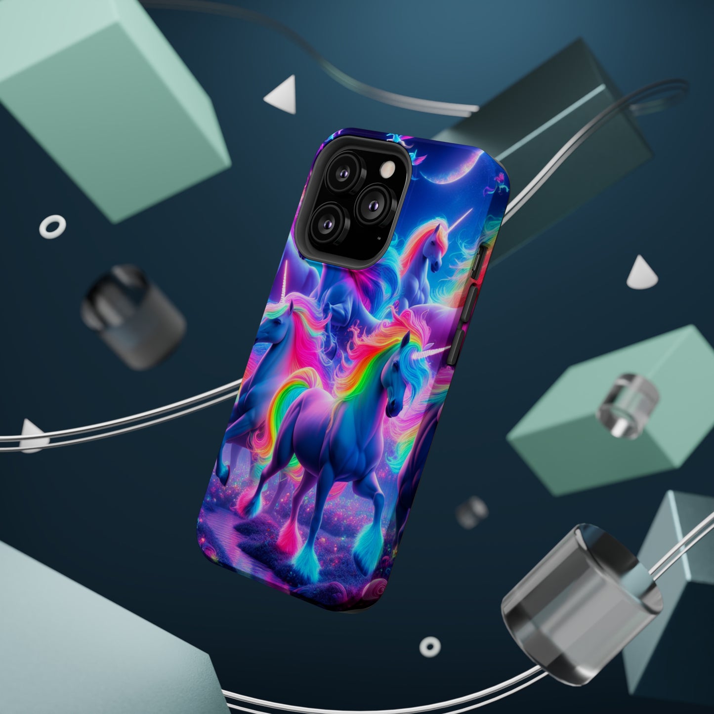 "Unicorn Prism" Neon Unicorns Premium Art Magsafe Magnet Tough IPhone 13 14 15 Pro Plus Max and Mini in Matte and Glossy Phone cases