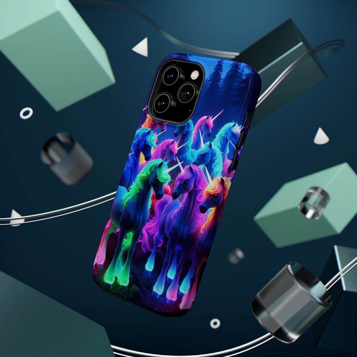 "Neon Fantasyland" Neon Unicorns Premium Art Magsafe Magnet Tough IPhone 13 14 15 Pro Plus Max and Mini in Matte and Glossy Phone cases