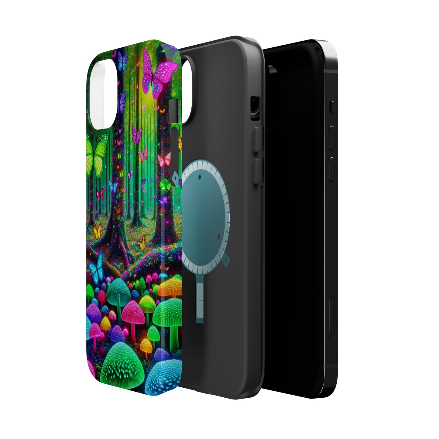 "Neon Garden Symphony". Neon Butterflies and Mushrooms Premium Art Magsafe Magnet Tough IPhone 13 14 15 Pro Plus Max and Mini in Matte and Glossy Phone cases