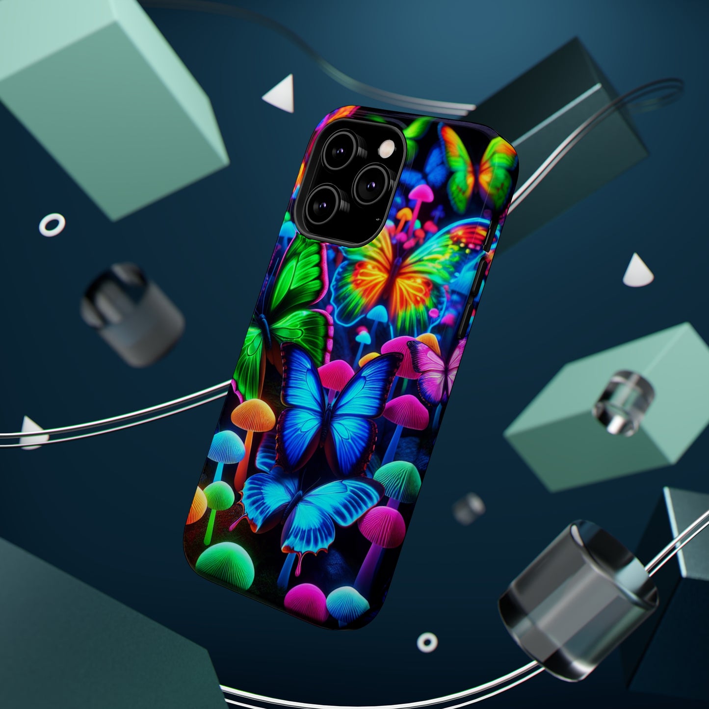 "Fantastic Fruition" Neon Butterflies and Mushrooms Premium Art Magsafe Magnet Tough IPhone 13 14 15 Pro Plus Max and Mini in Matte and Glossy Phone cases