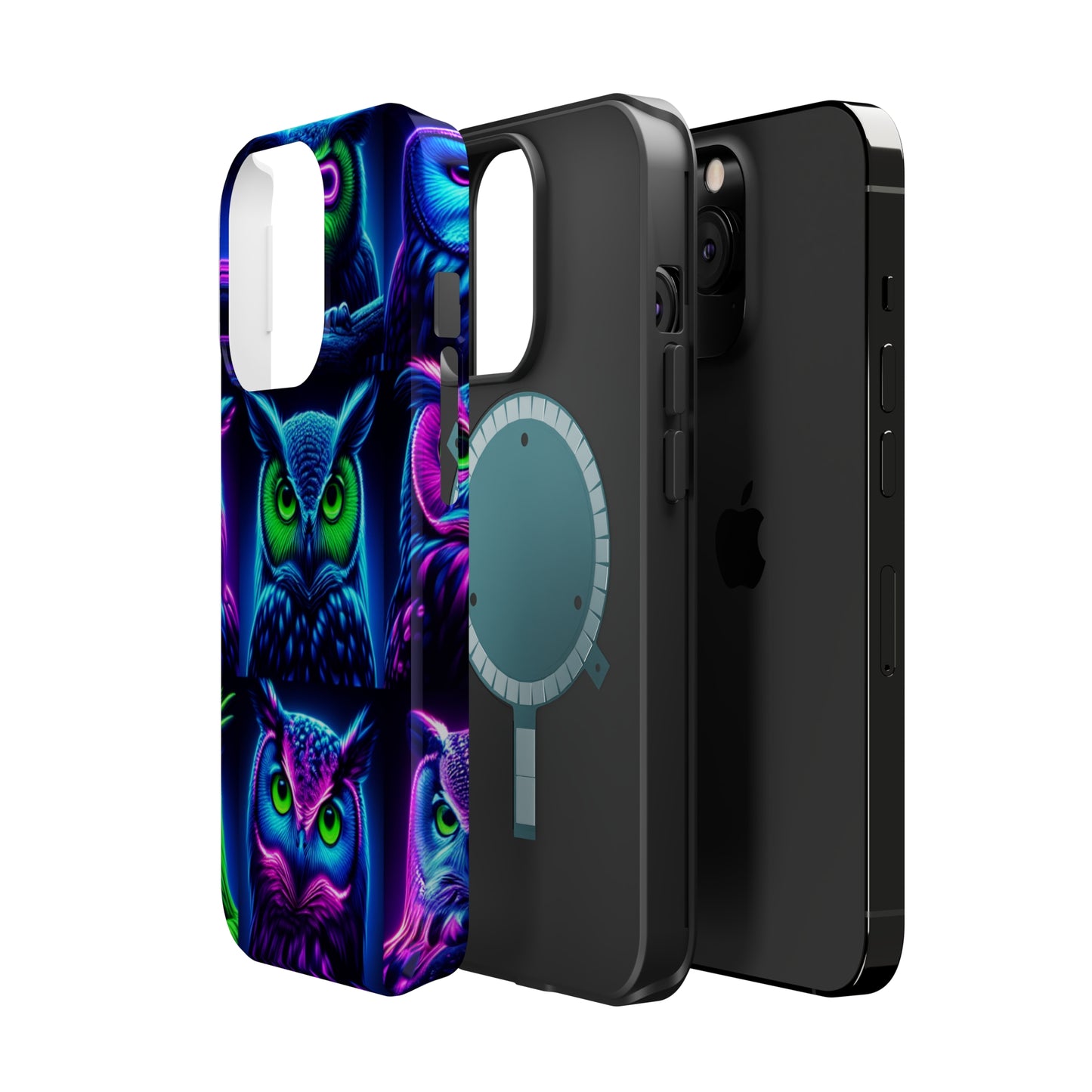 "Neon Nocturne" Neon Owls Premium Art Magsafe Magnet Tough IPhone 13 14 15 Pro Plus Max and Mini in Matte and Glossy Phone cases