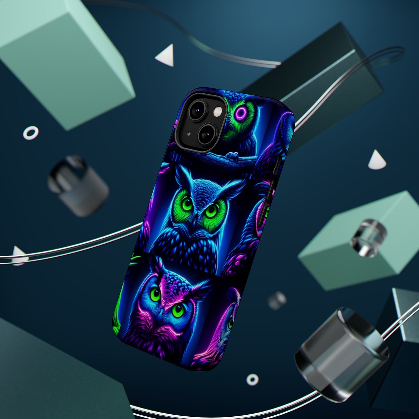"Neon Nocturne" Neon Owls Premium Art Magsafe Magnet Tough IPhone 13 14 15 Pro Plus Max and Mini in Matte and Glossy Phone cases