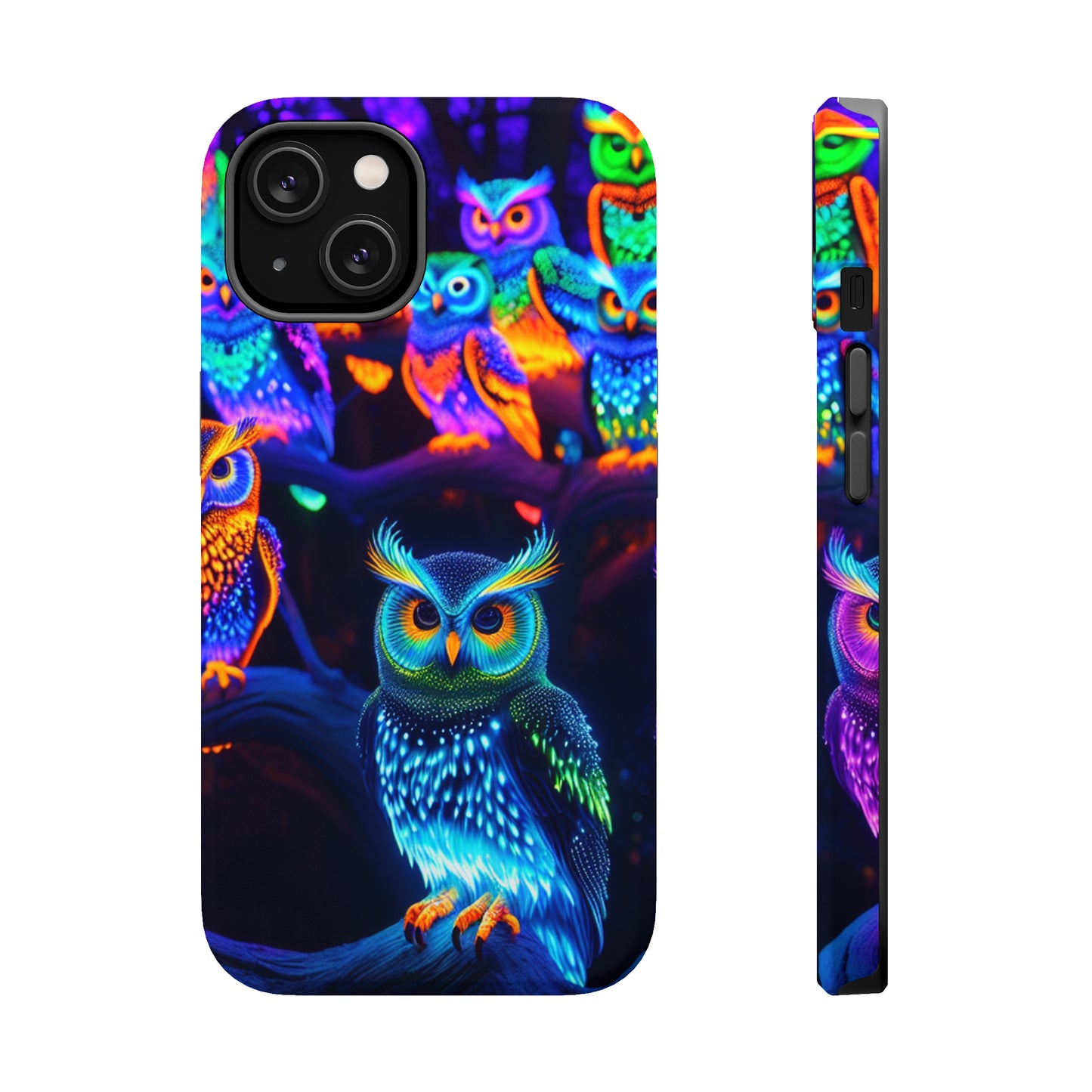 Glowing Neon Clan. Neon Owls Premium Art Magsafe Magnet Tough IPhone 13 14 15 Pro Plus Max and Mini in Matte and Glossy Phone cases
