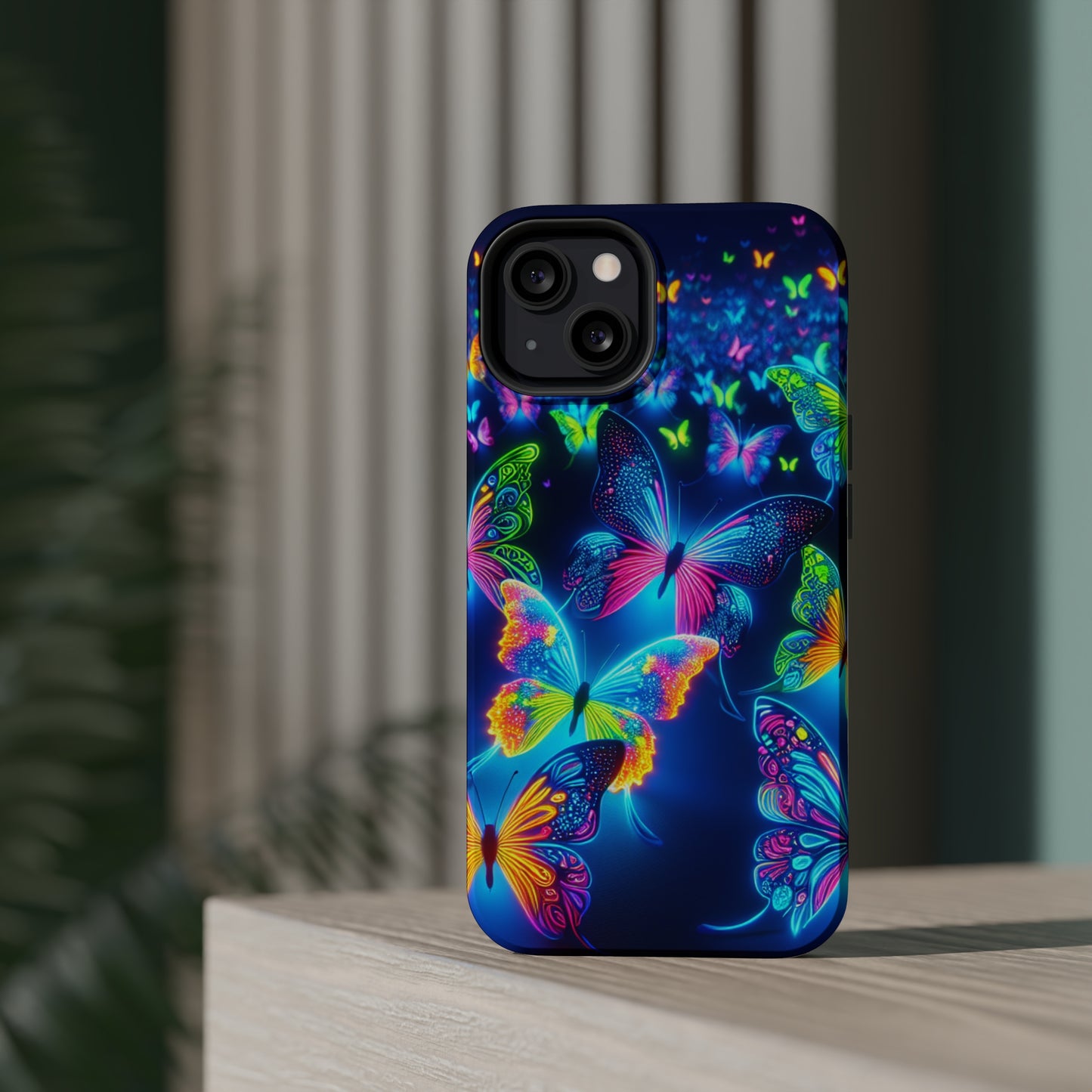 "Atmospheric Fluorescence" Neon Butterflies Premium Art Magsafe Magnet Tough IPhone 13 14 15 Pro Plus Max and Mini in Matte and Glossy Phone cases