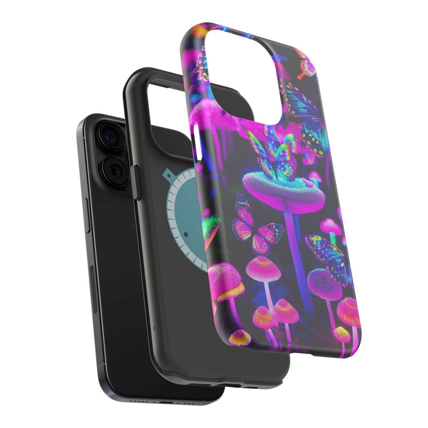 "Neon Gloomsprite Dance" Neon Butterflies and Mushrooms Premium Art Magsafe Magnet Tough IPhone 13 14 15 Pro Plus Max and Mini in Matte and Glossy Phone cases