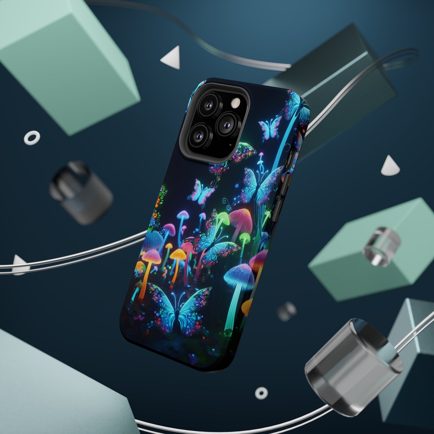 "Neon Dreamscape" Neon Butterflies and Mushrooms Premium Art Magsafe Magnet Tough IPhone 13 14 15 Pro Plus Max and Mini in Matte and Glossy Phone cases