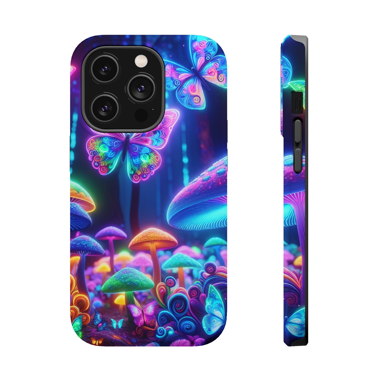 Neon Ecstasy. Neon Butterflies and Mushrooms Premium Art Magsafe Magnet Tough IPhone 13 14 15 Pro Plus Max and Mini in Matte and Glossy Phone cases