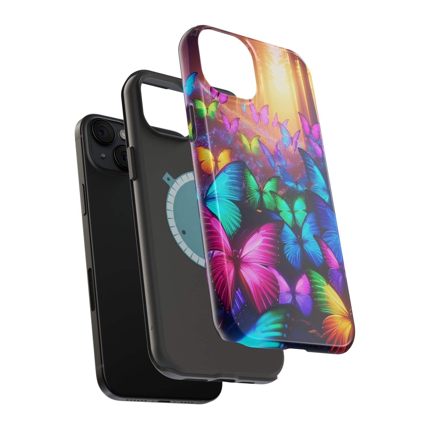 "Radiant Glowing Flight" Neon Butterflies Premium Art Magsafe Magnet Tough IPhone 13 14 15 Pro Plus Max and Mini in Matte and Glossy Phone cases