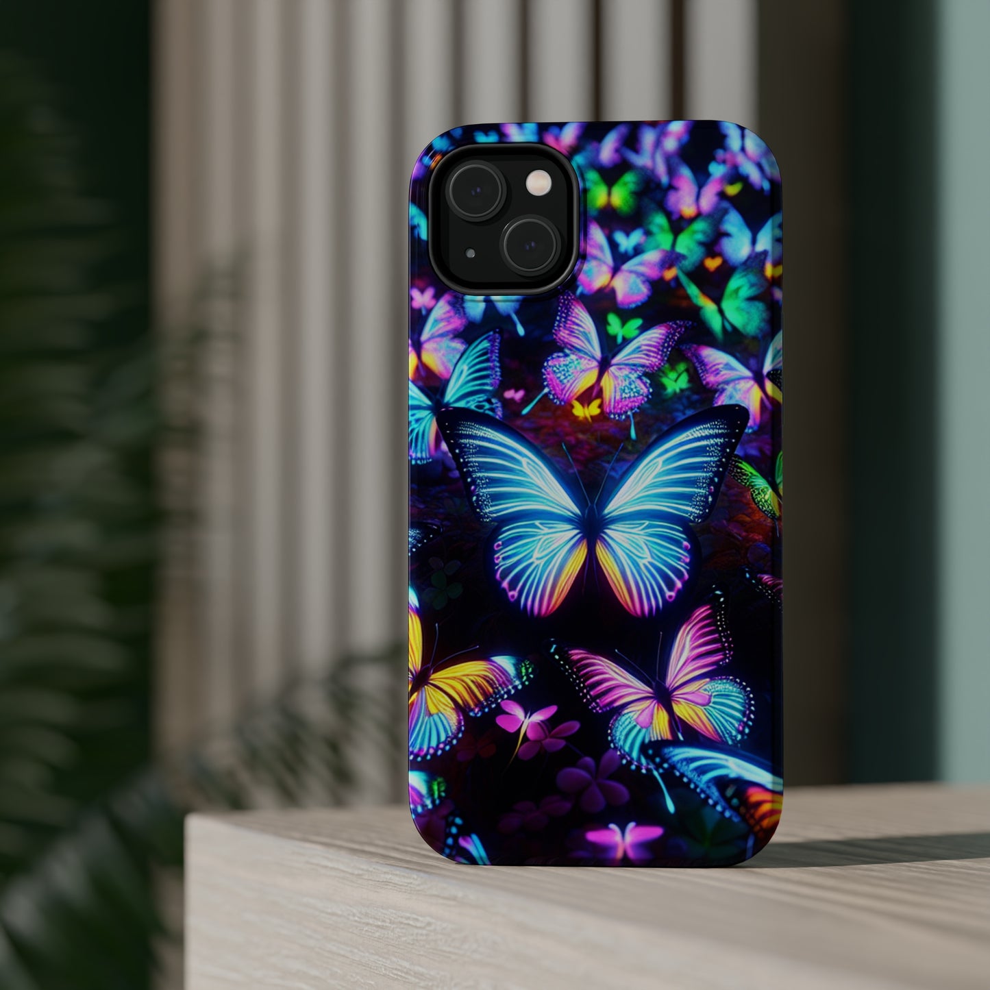"Neon Butterflies in the Night Sky" Neon Butterflies Premium Art Magsafe Magnet Tough IPhone 13 14 15 Pro Plus Max and Mini in Matte and Glossy Phone cases